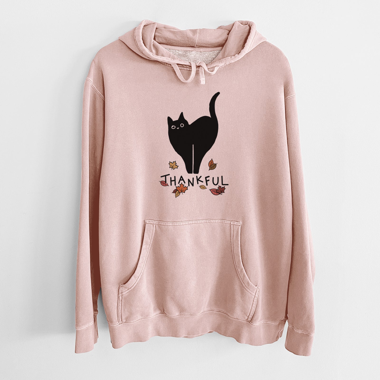 Minimalist line drawing of Bella the Black Cat with 'Thankful' lettering on a Dusty Pink Unisex pigment dyed hoodie