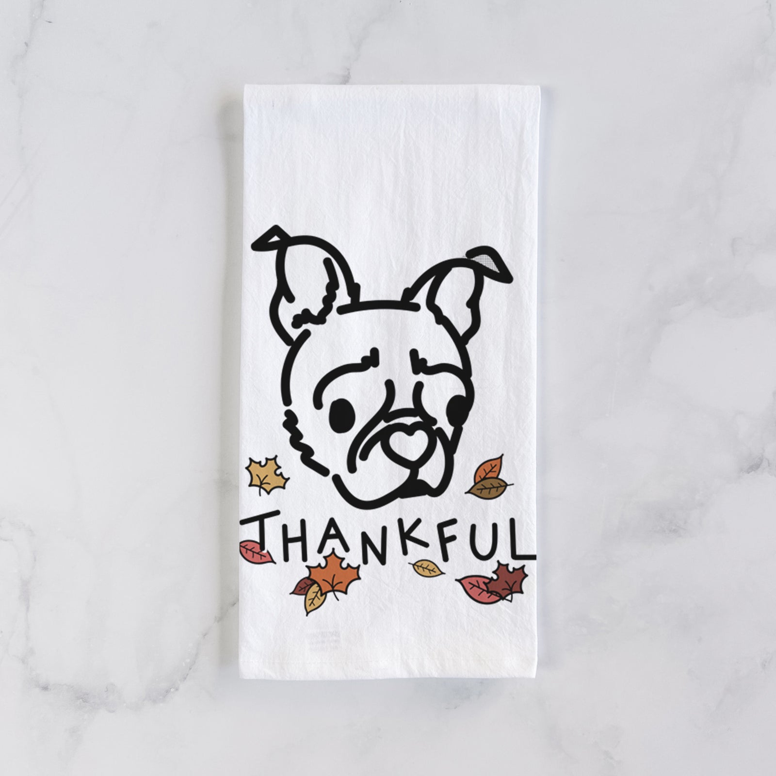 Minimalist line drawing of Bella the Pug Boston Terrier Mix with 'Thankful' lettering on a tea towel