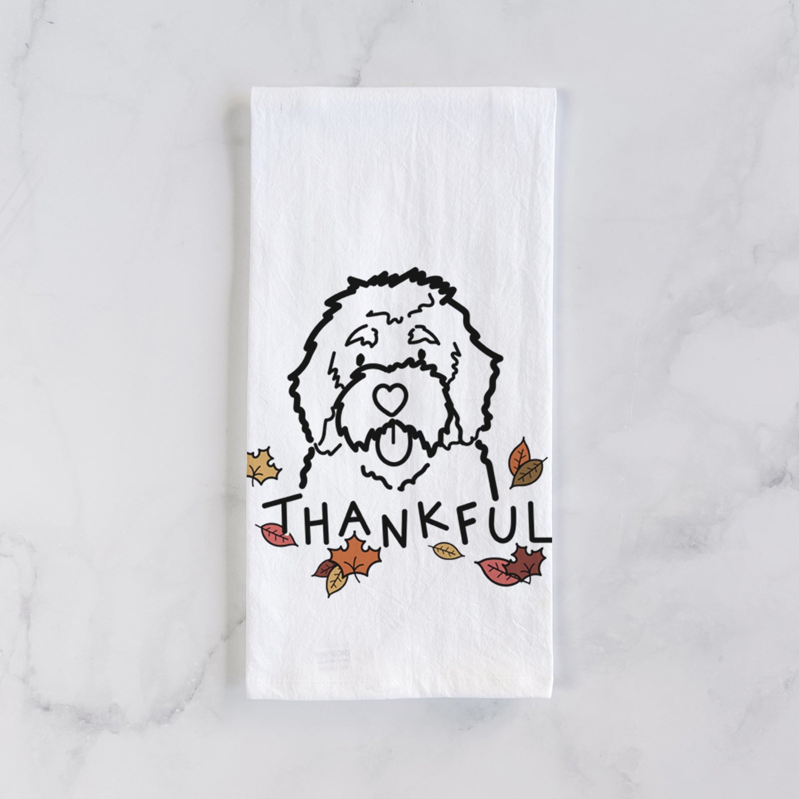 Minimalist line drawing of a Bernedoodle with 'Thankful' lettering on a tea towel