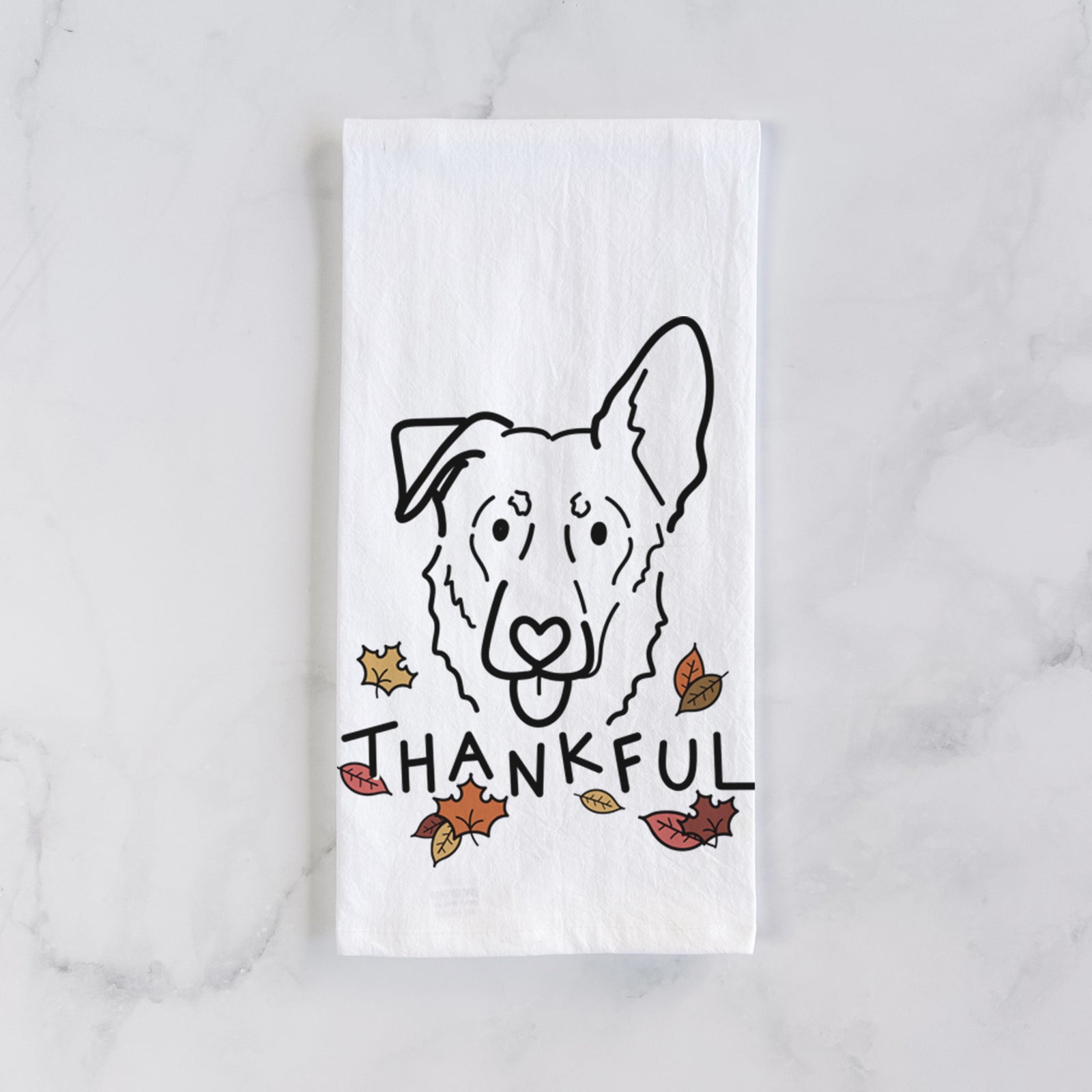 Minimalist line drawing of Bodhi the Shepherd Mix with 'Thankful' lettering on a tea towel