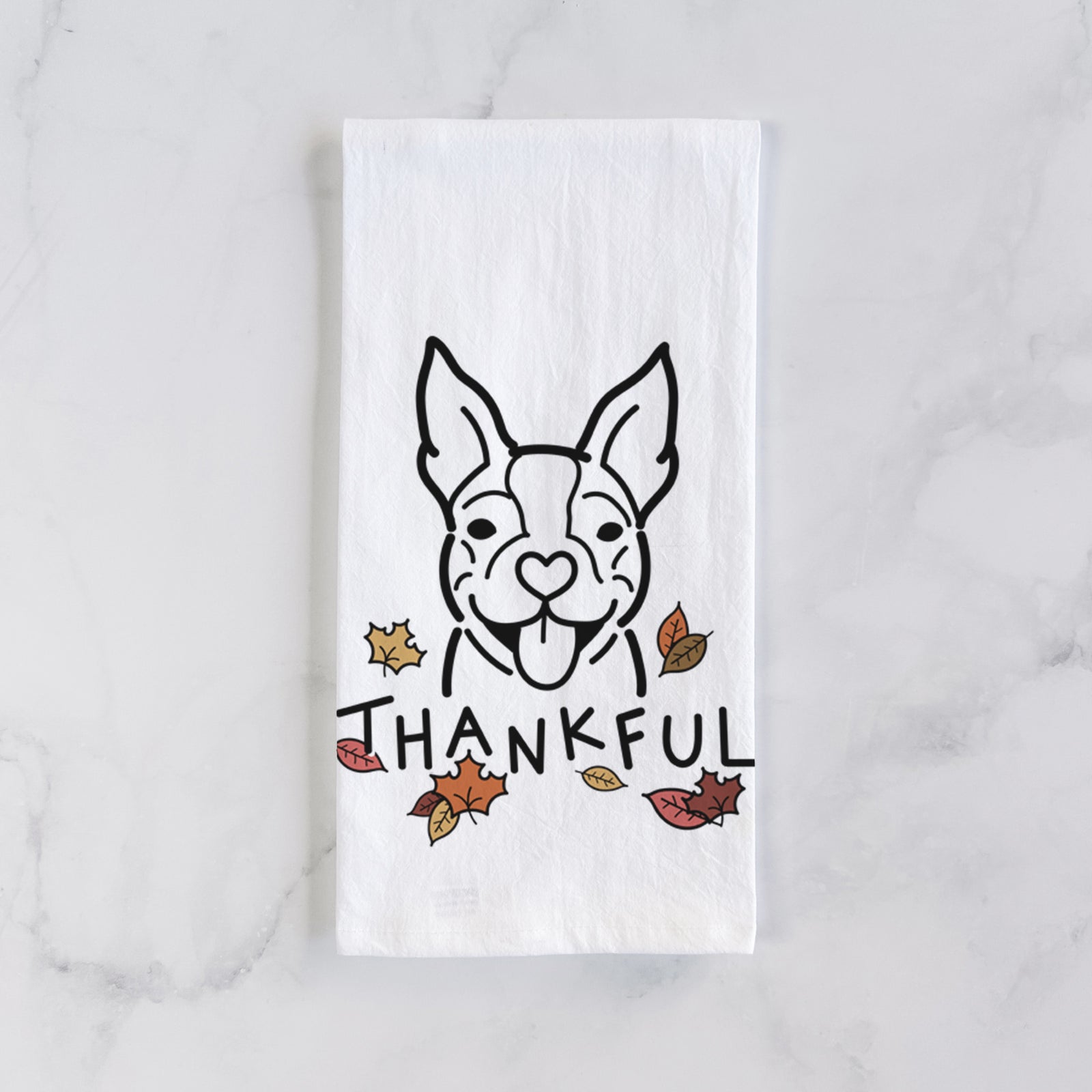 Minimalist line drawing of a Happy Boston Terrier with 'Thankful' lettering on a tea towel