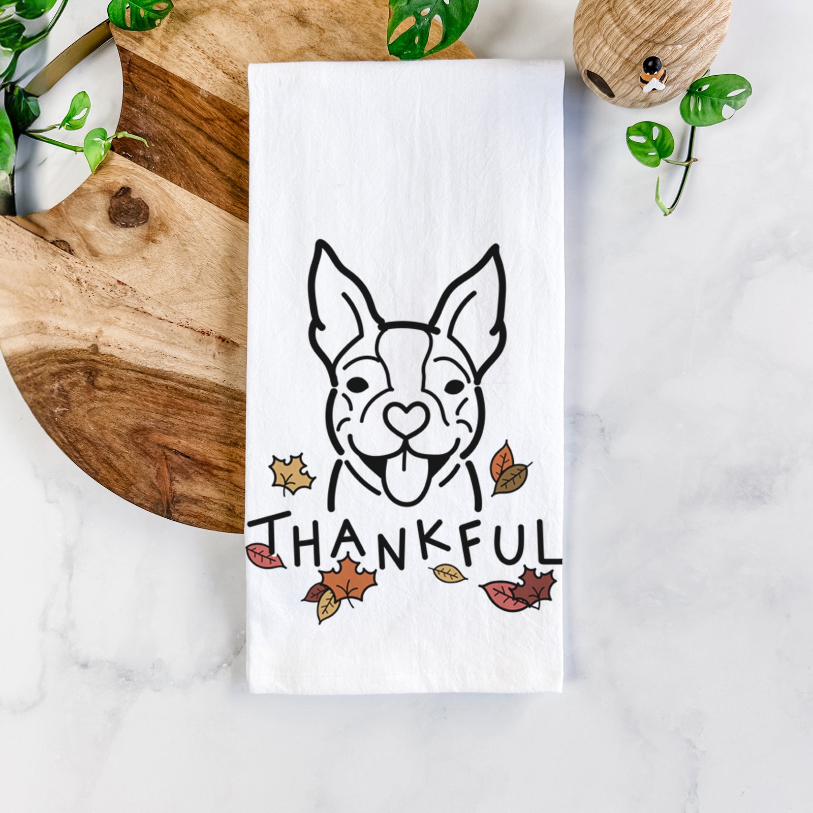 Minimalist line drawing of a Happy Boston Terrier with 'Thankful' lettering on a tea towel