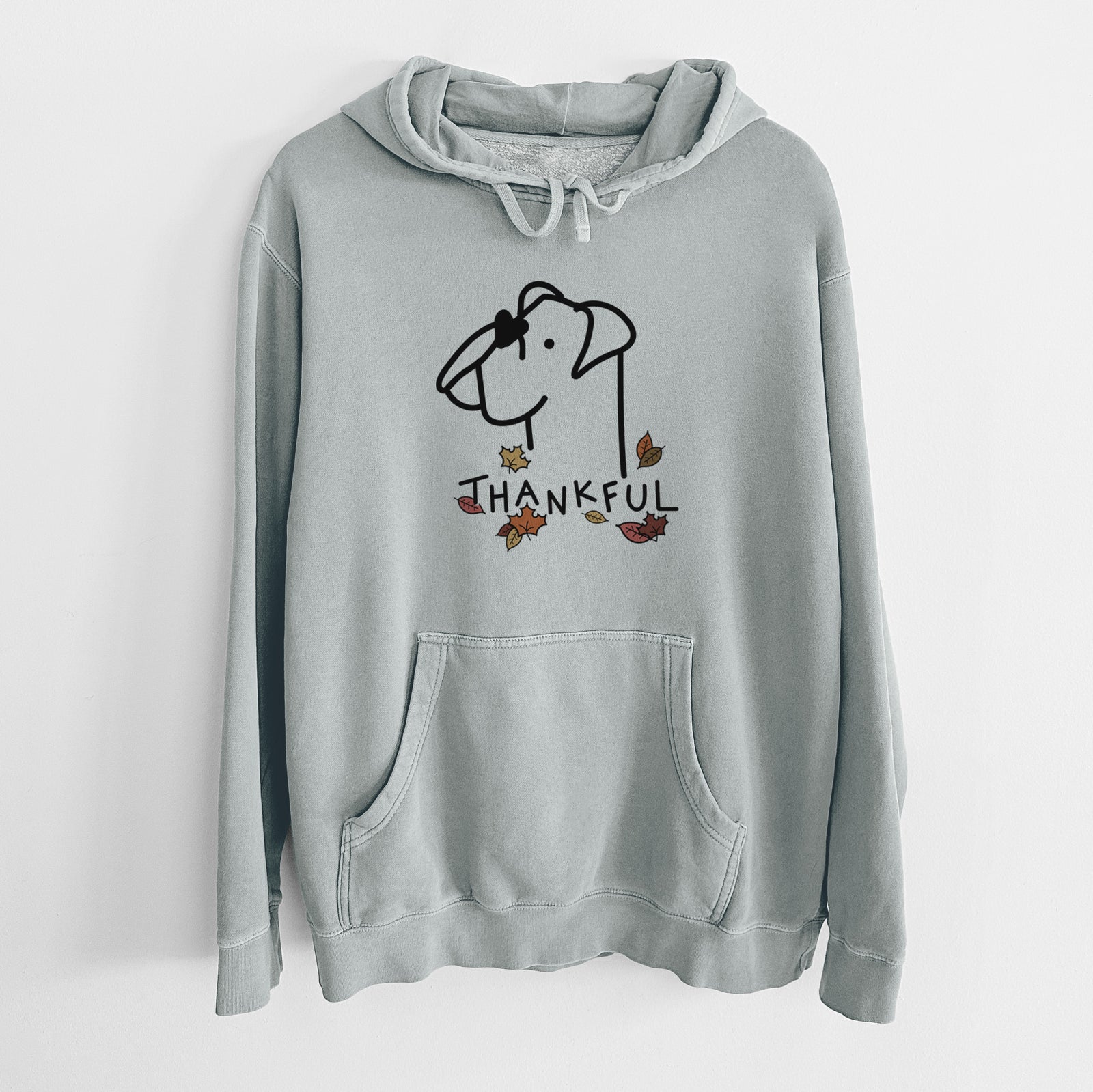 Minimalist line drawing of a Boxer with 'Thankful' lettering on a Sage Unisex pigment dyed hoodie
