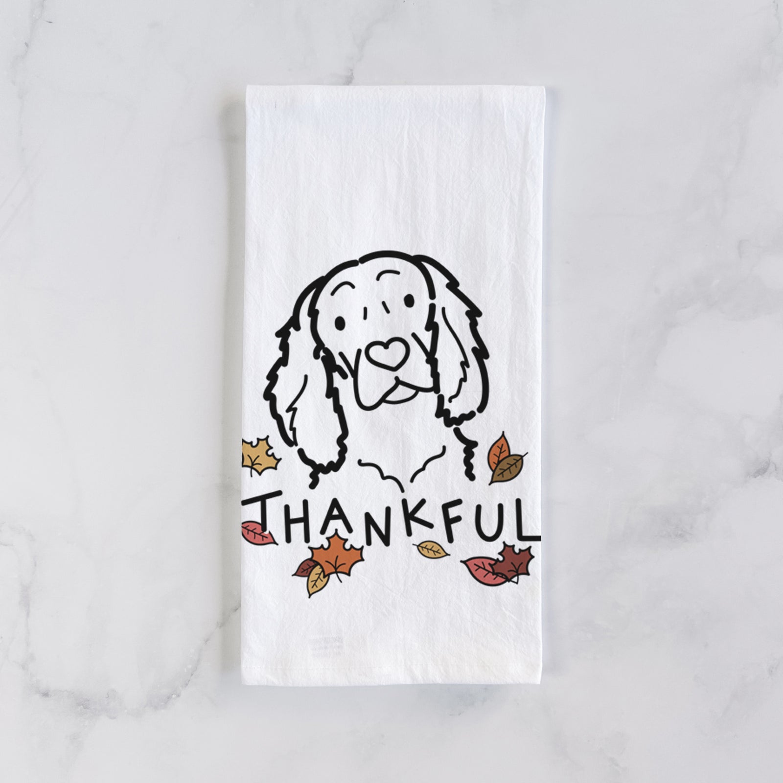 Minimalist line drawing of a Boykin Spaniel with 'Thankful' lettering on a tea towel