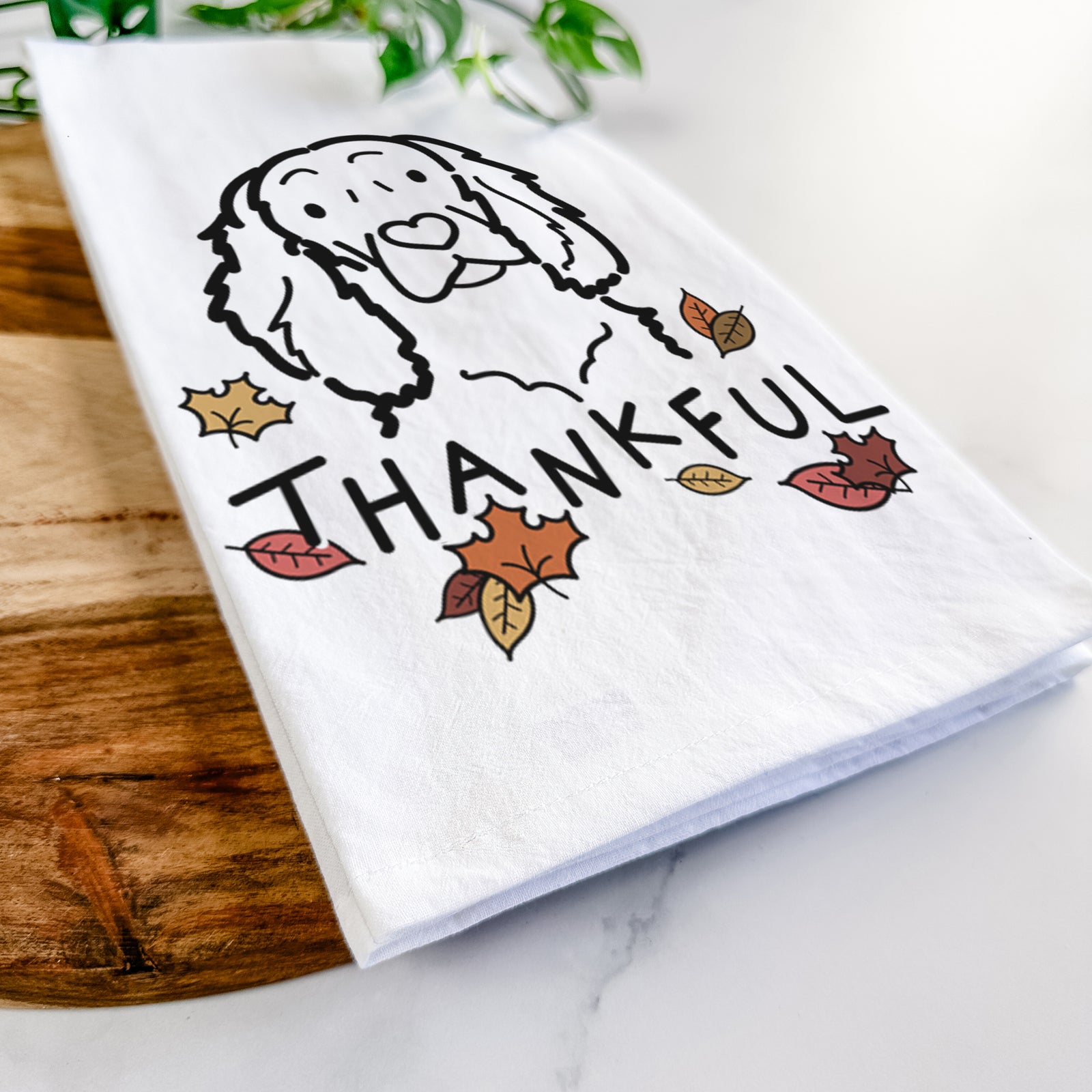 Minimalist line drawing of a Boykin Spaniel with 'Thankful' lettering on a tea towel