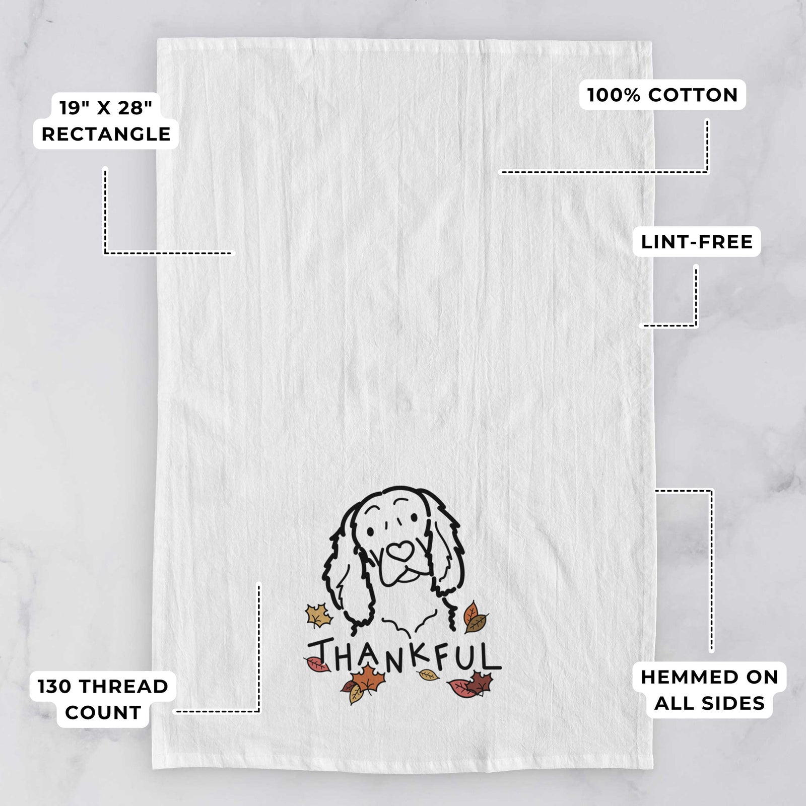 Minimalist line drawing of a Boykin Spaniel with 'Thankful' lettering on a tea towel, with feature callouts: 19 x 28 inch rectangle, 100% cotton, lint-free, 120 thread count, hemmed on all sides