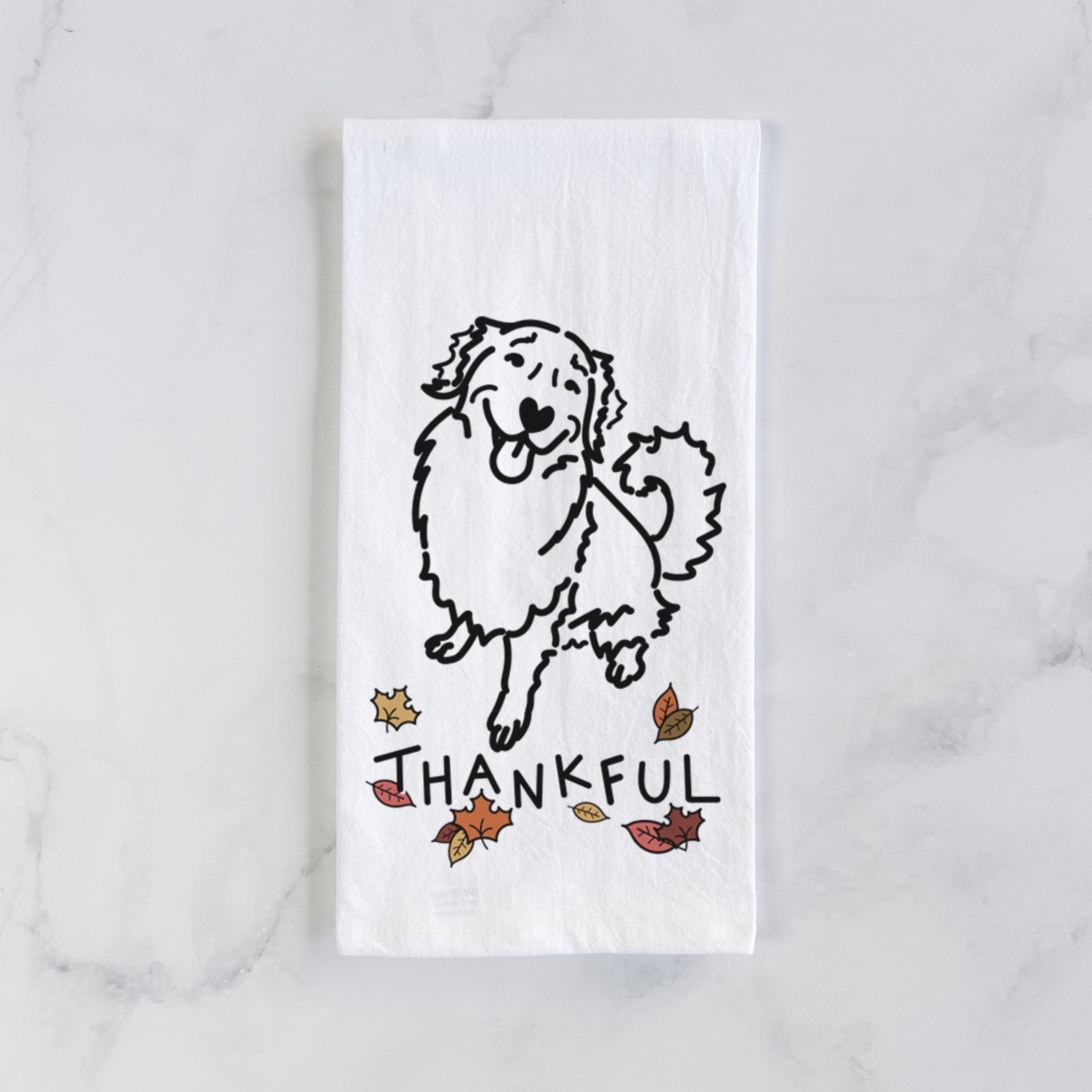 Minimalist line drawing of Brinkley the Golden Retriever with 'Thankful' lettering on a tea towel