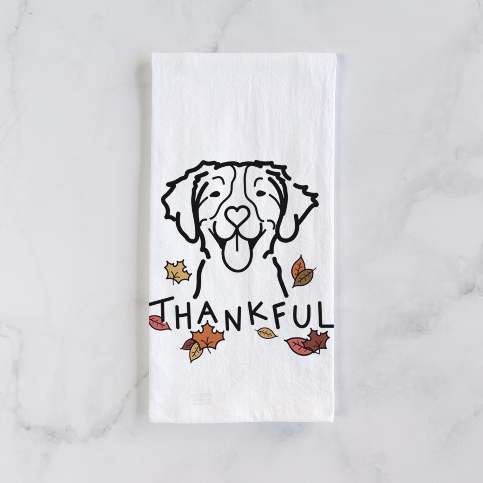 Minimalist line drawing of a Brittany with 'Thankful' lettering on a tea towel