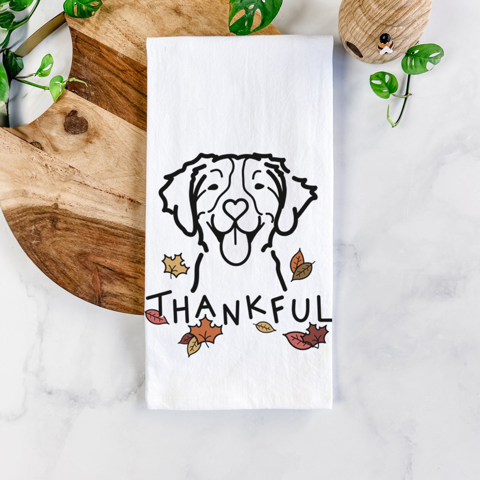 Minimalist line drawing of a Brittany with 'Thankful' lettering on a tea towel