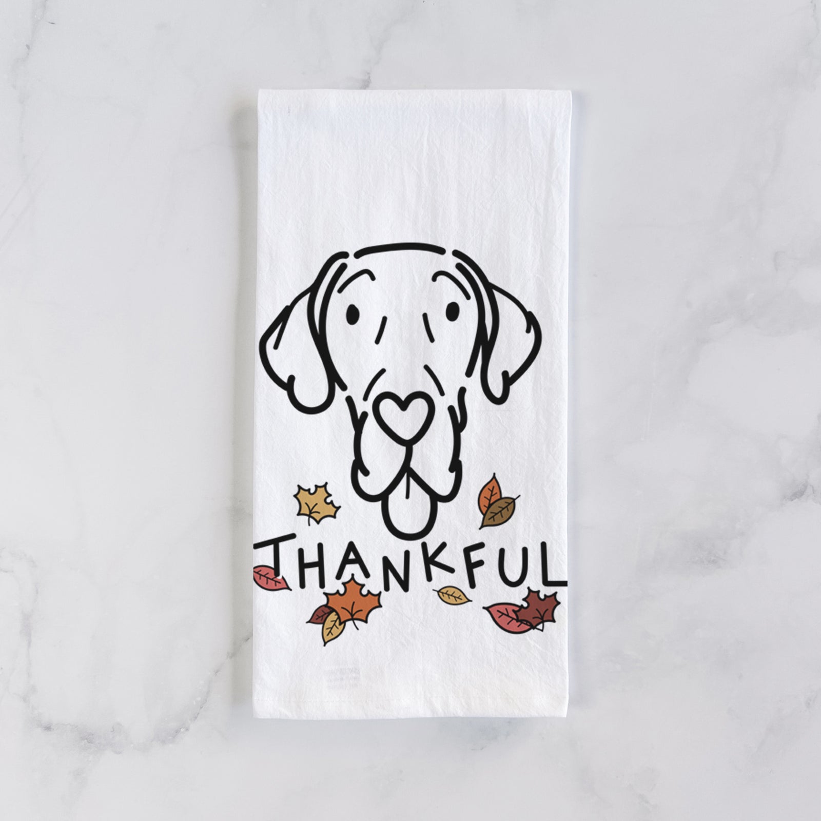 Minimalist line drawing of Bruce the Great Dane with 'Thankful' lettering on a tea towel