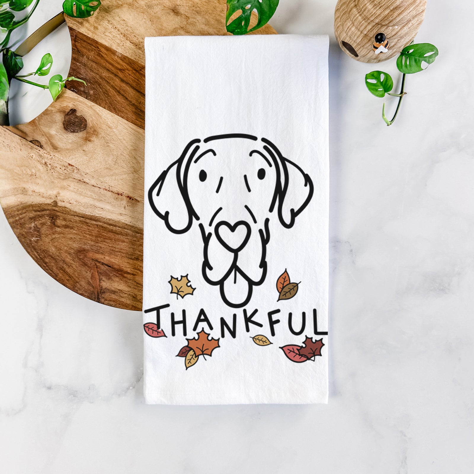 Minimalist line drawing of Bruce the Great Dane with 'Thankful' lettering on a tea towel