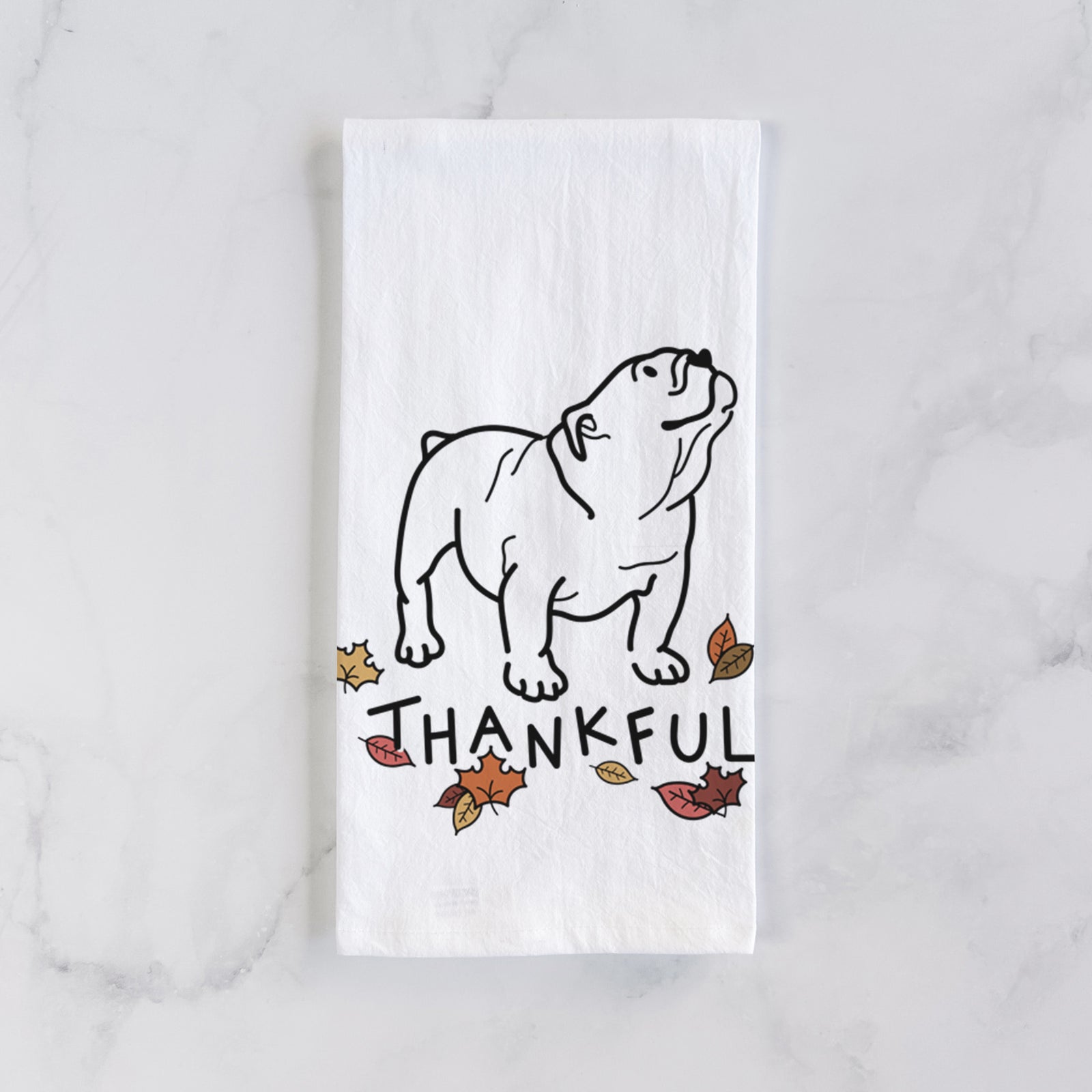 Minimalist line drawing of Bruno the English Bulldog with 'Thankful' lettering on a tea towel