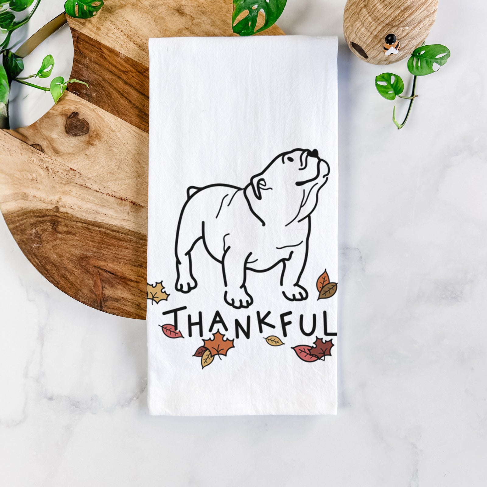 Minimalist line drawing of Bruno the English Bulldog with 'Thankful' lettering on a tea towel