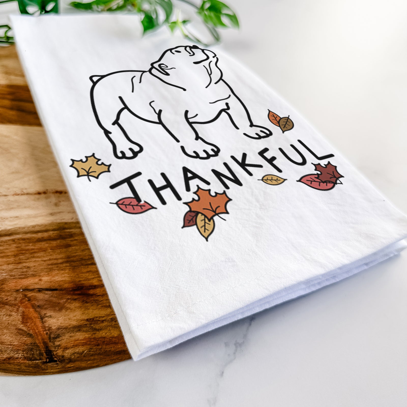 Minimalist line drawing of Bruno the English Bulldog with 'Thankful' lettering on a tea towel