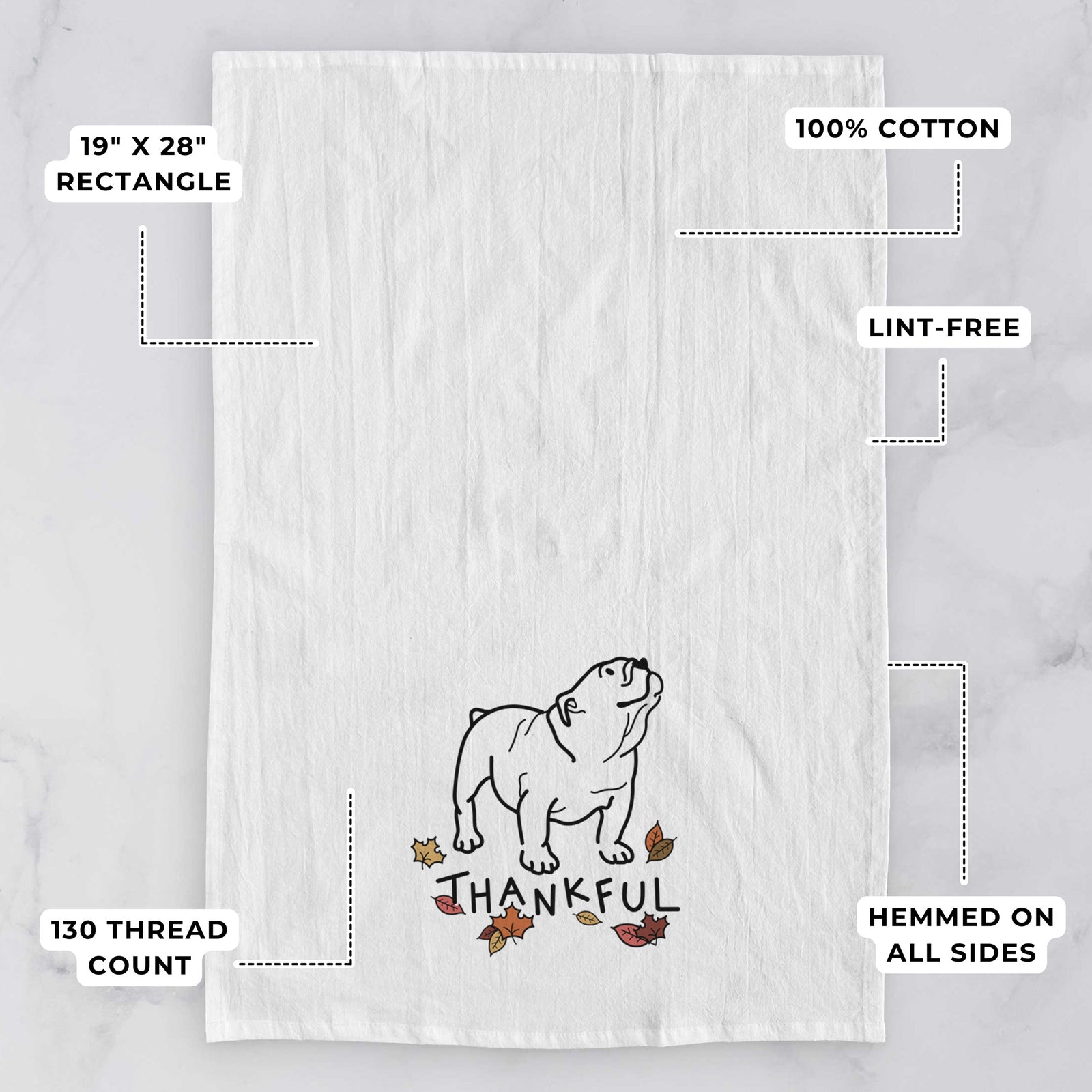Minimalist line drawing of Bruno the English Bulldog with 'Thankful' lettering on a tea towel, with feature callouts: 19 x 28 inch rectangle, 100% cotton, lint-free, 120 thread count, hemmed on all sides