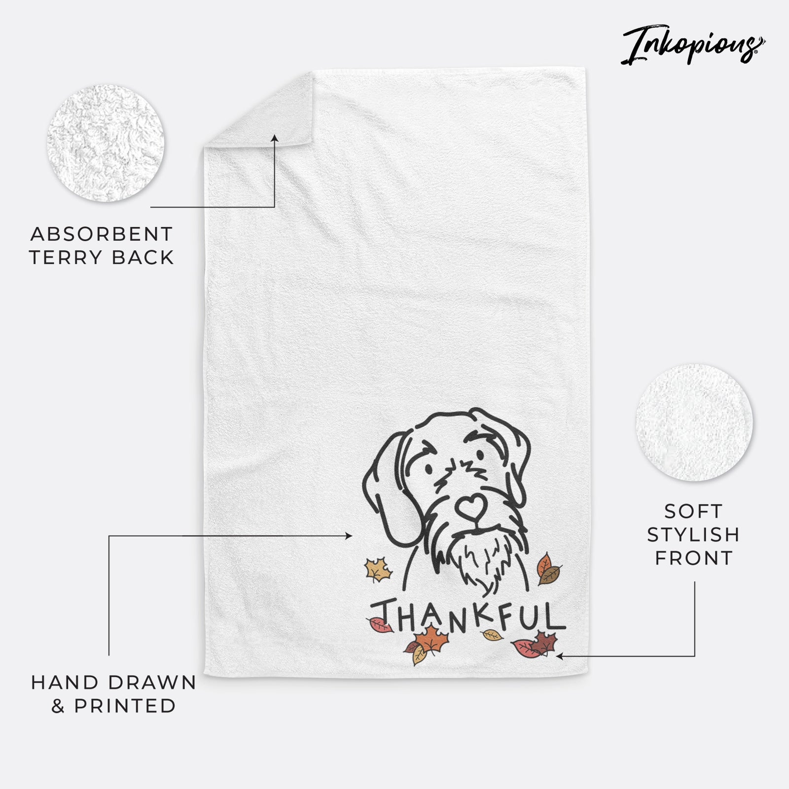 Minimalist line drawing of Buck the German Wirehaired Pointer with 'Thankful' lettering on a hand towel