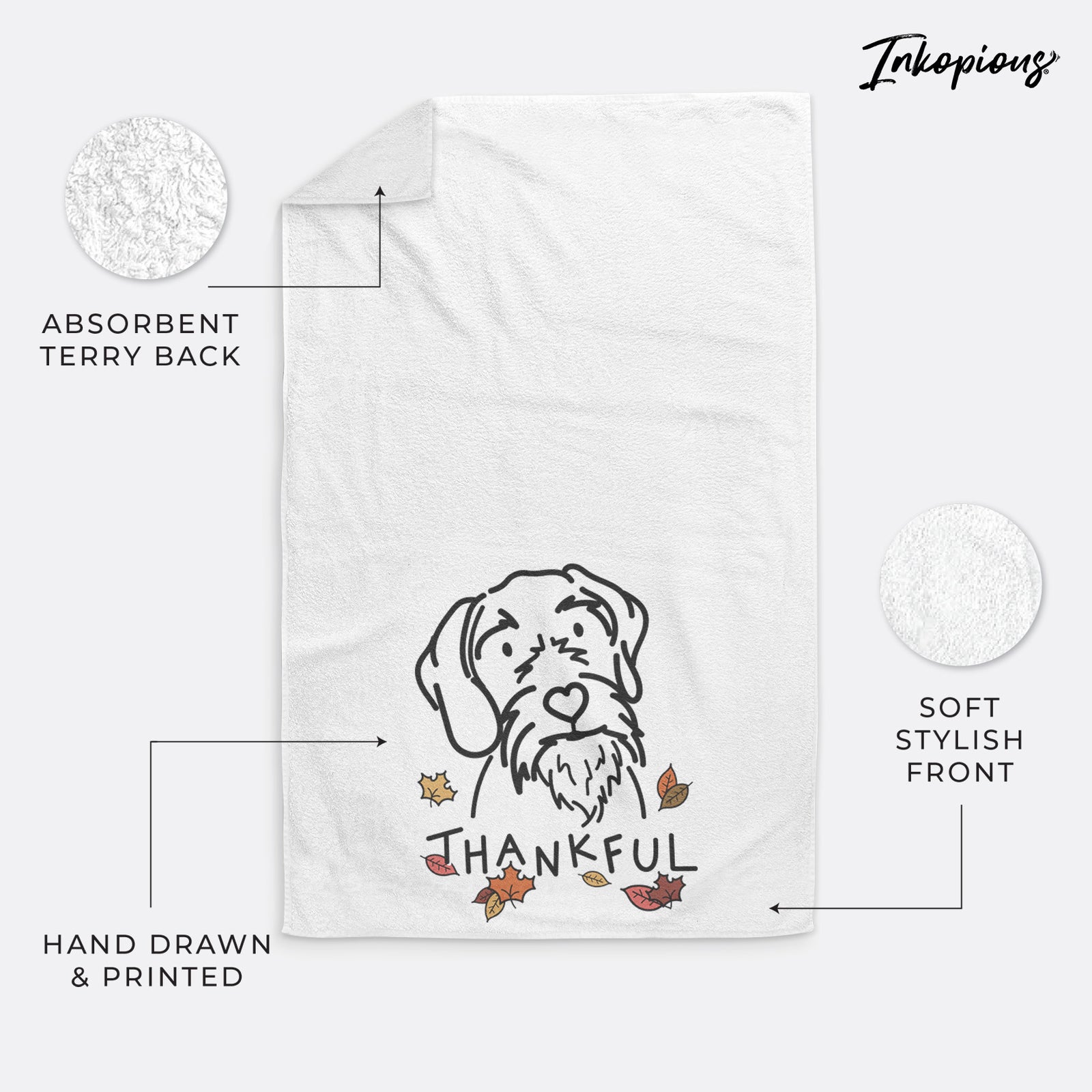 Minimalist line drawing of Buck the German Wirehaired Pointer with 'Thankful' lettering on a hand towel