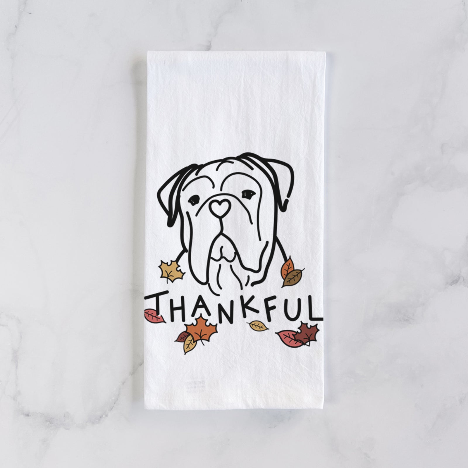 Minimalist line drawing of Vivian the Bull Mastiff with 'Thankful' lettering on a tea towel