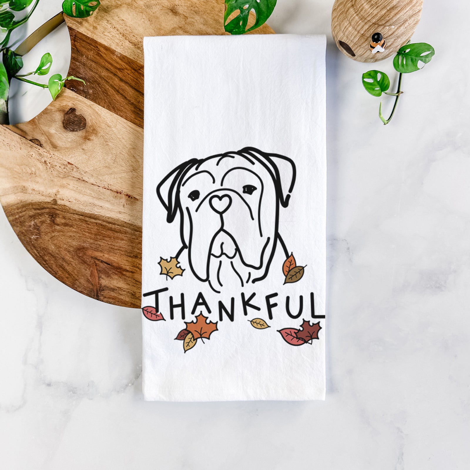 Minimalist line drawing of Vivian the Bull Mastiff with 'Thankful' lettering on a tea towel