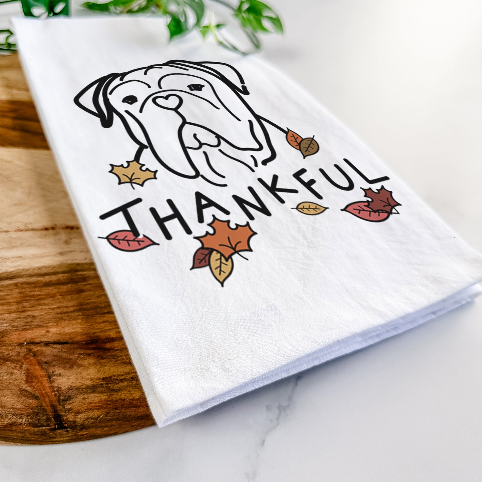 Minimalist line drawing of Vivian the Bull Mastiff with 'Thankful' lettering on a tea towel