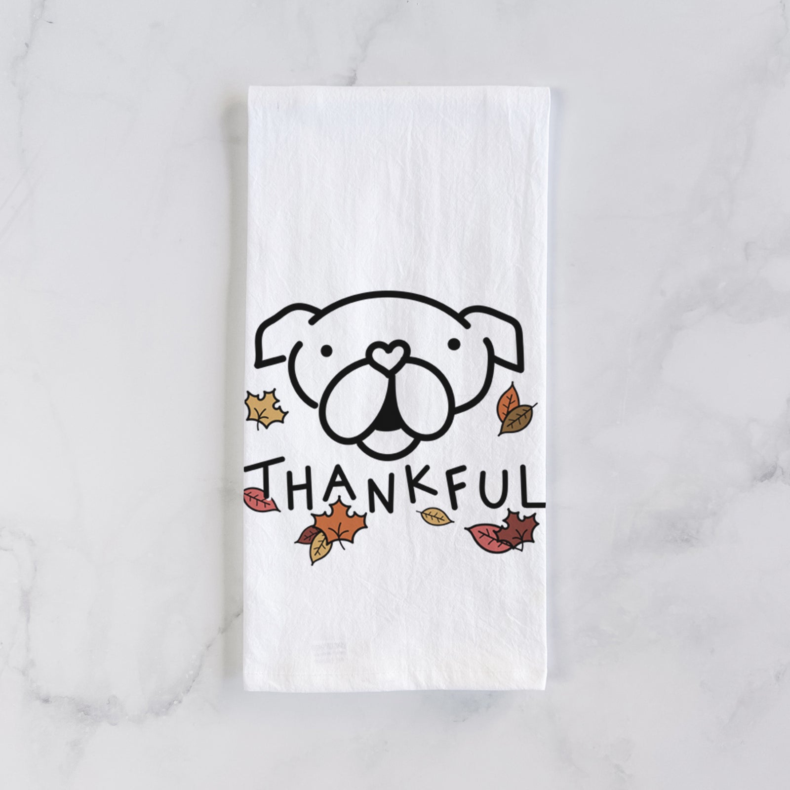 Minimalist line drawing of an English Bulldog with 'Thankful' lettering on a tea towel