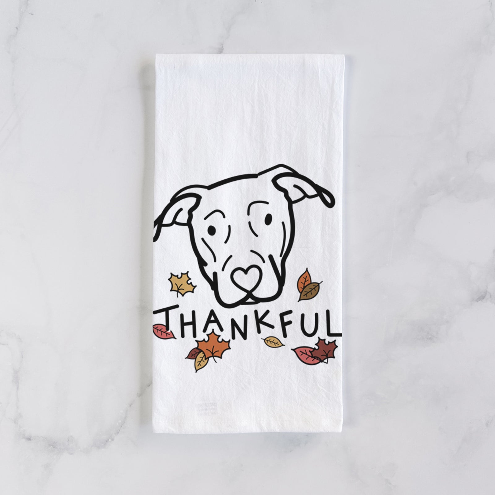 Minimalist line drawing of a Catahoula with 'Thankful' lettering on a tea towel