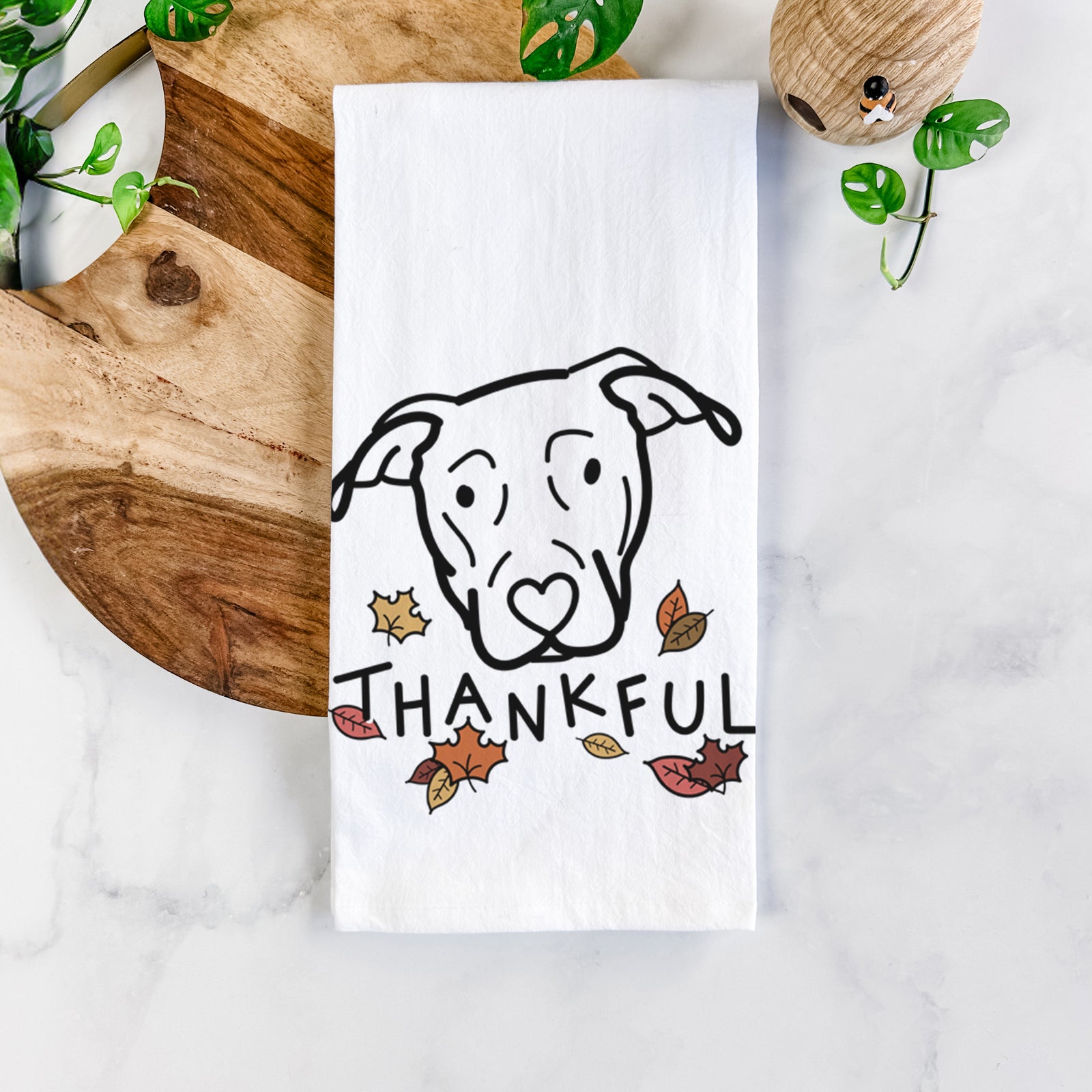 Minimalist line drawing of a Catahoula with 'Thankful' lettering on a tea towel