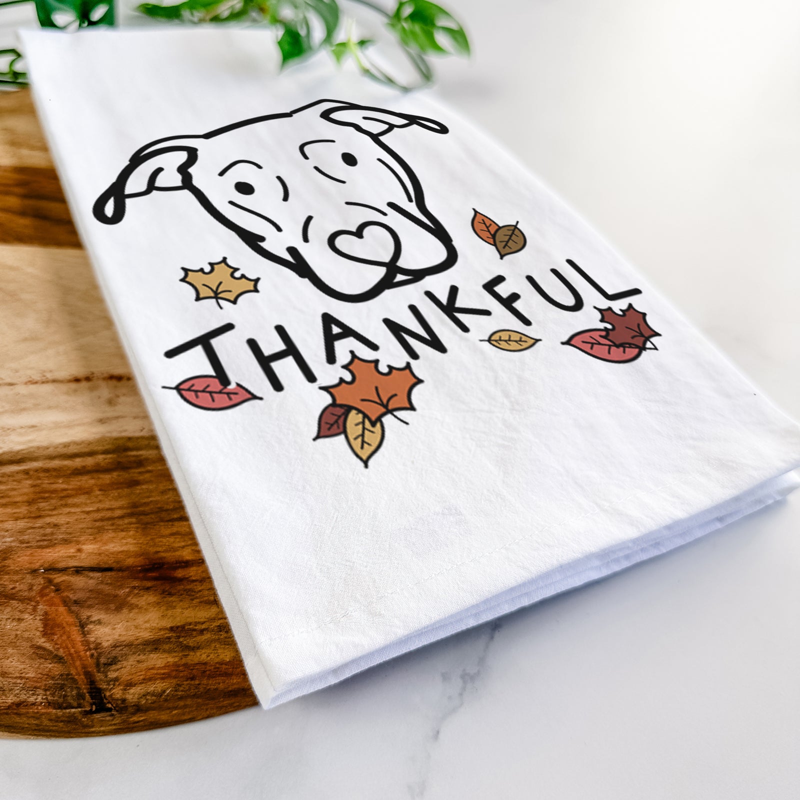 Minimalist line drawing of a Catahoula with 'Thankful' lettering on a tea towel