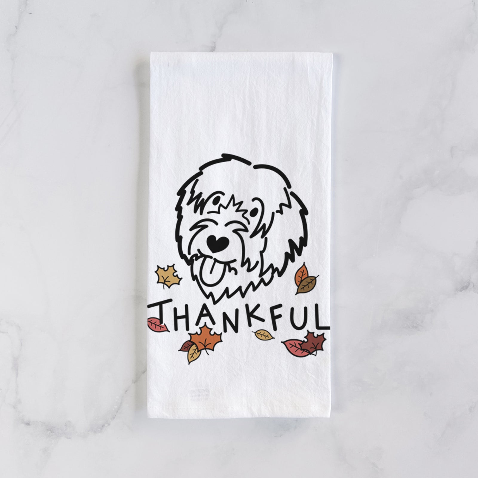Minimalist line drawing of a Catalan Sheepdog with 'Thankful' lettering on a tea towel