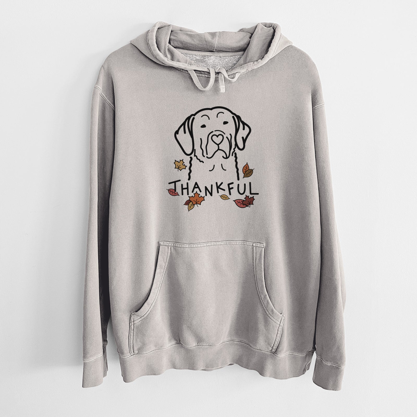 Minimalist line drawing of a Chesapeake Bay Retriever with 'Thankful' lettering on a Cement Unisex pigment dyed hoodie
