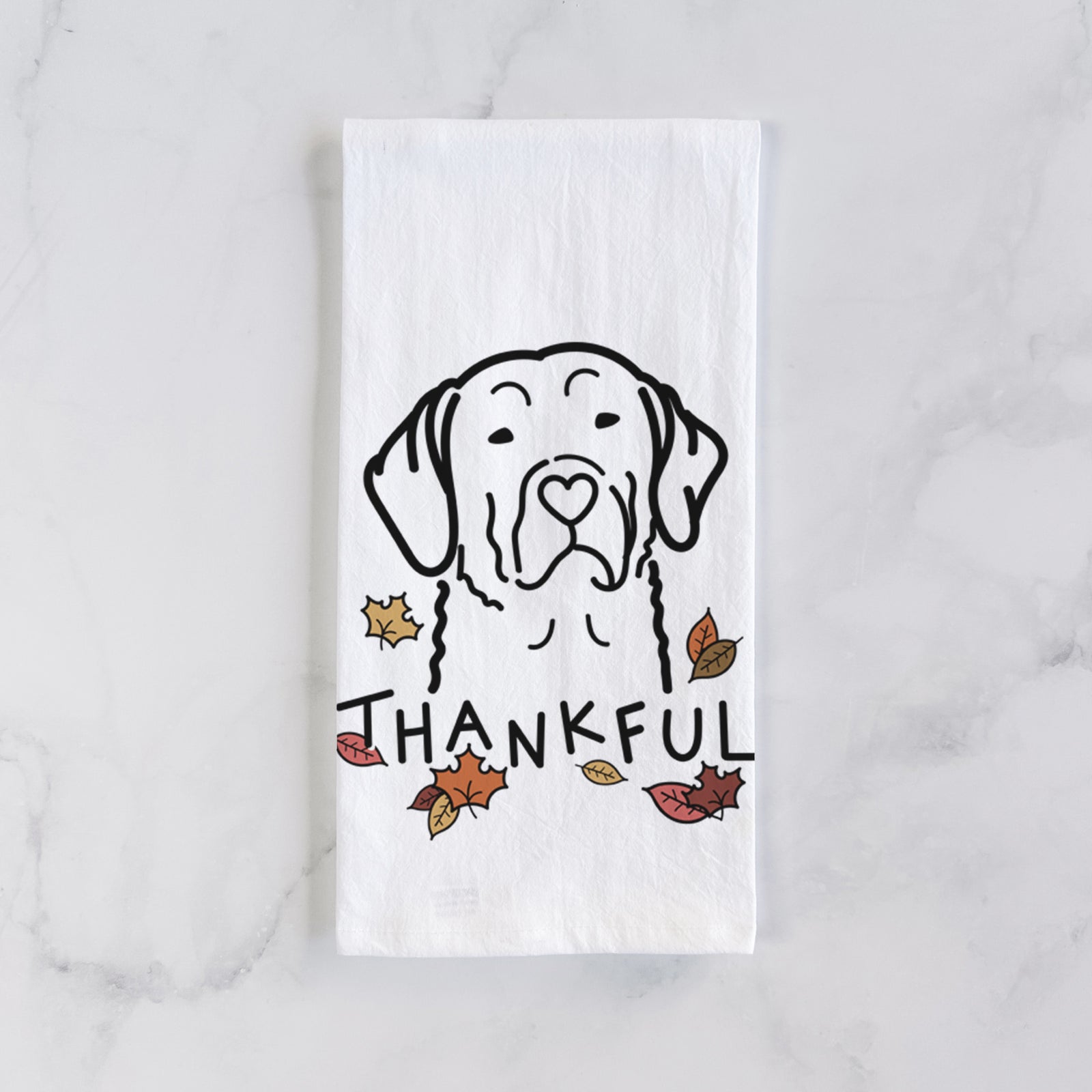 Minimalist line drawing of a Chesapeake Bay Retriever with 'Thankful' lettering on a tea towel