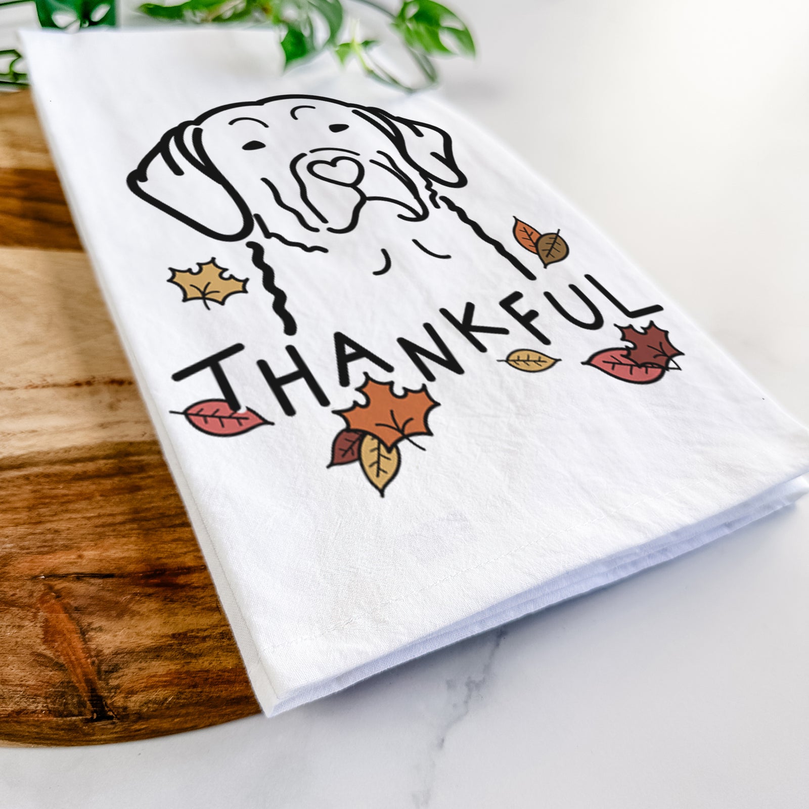 Minimalist line drawing of a Chesapeake Bay Retriever with 'Thankful' lettering on a tea towel