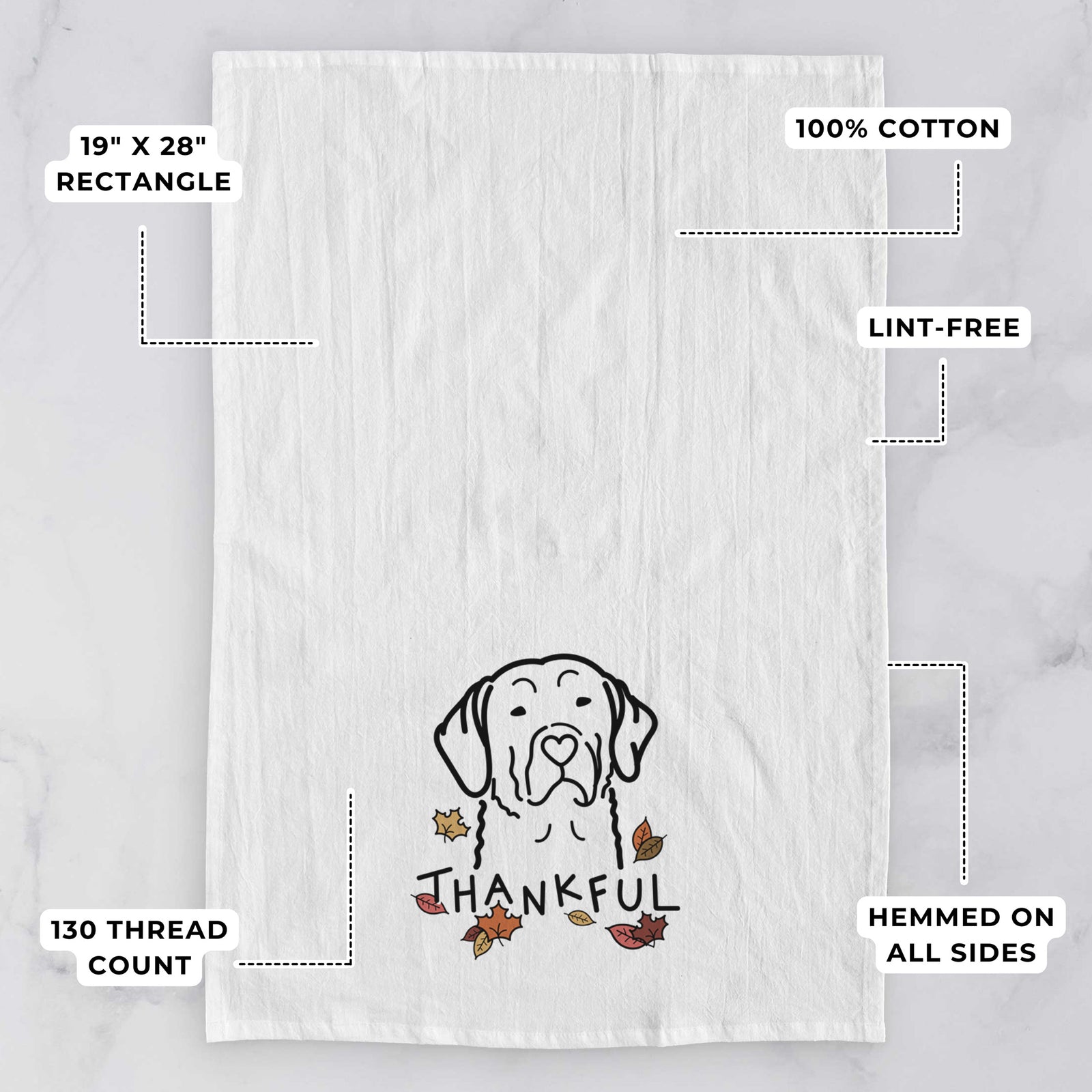 Minimalist line drawing of a Chesapeake Bay Retriever with 'Thankful' lettering on a tea towel, with feature callouts: 19 x 28 inch rectangle, 100% cotton, lint-free, 120 thread count, hemmed on all sides