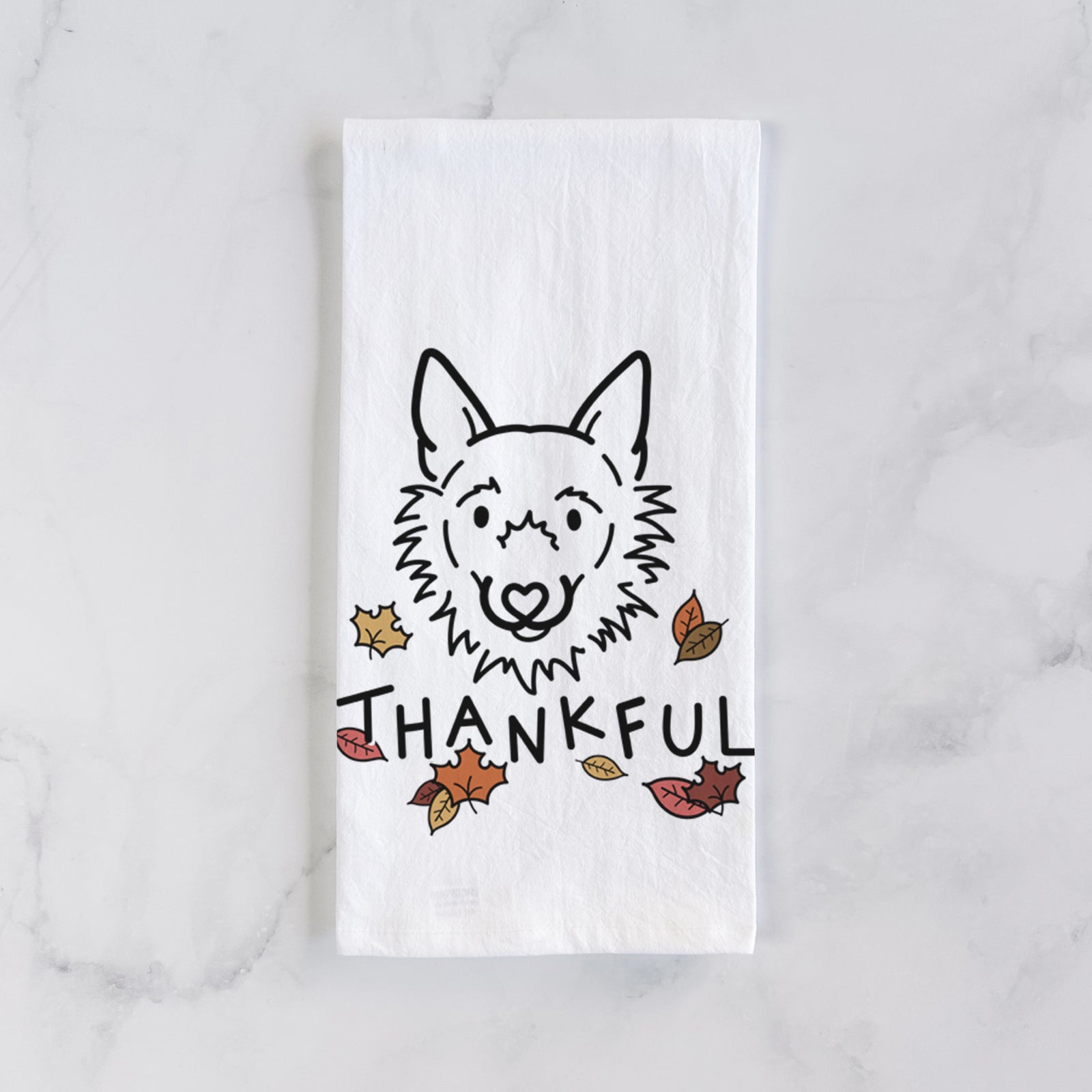 Minimalist line drawing of Chewy the Super Mutt with 'Thankful' lettering on a tea towel