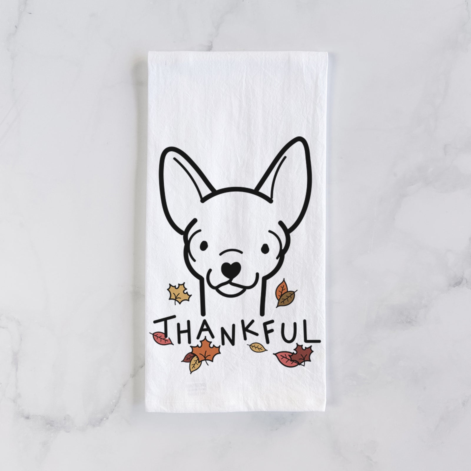 Minimalist line drawing of a Chihuahua with 'Thankful' lettering on a tea towel