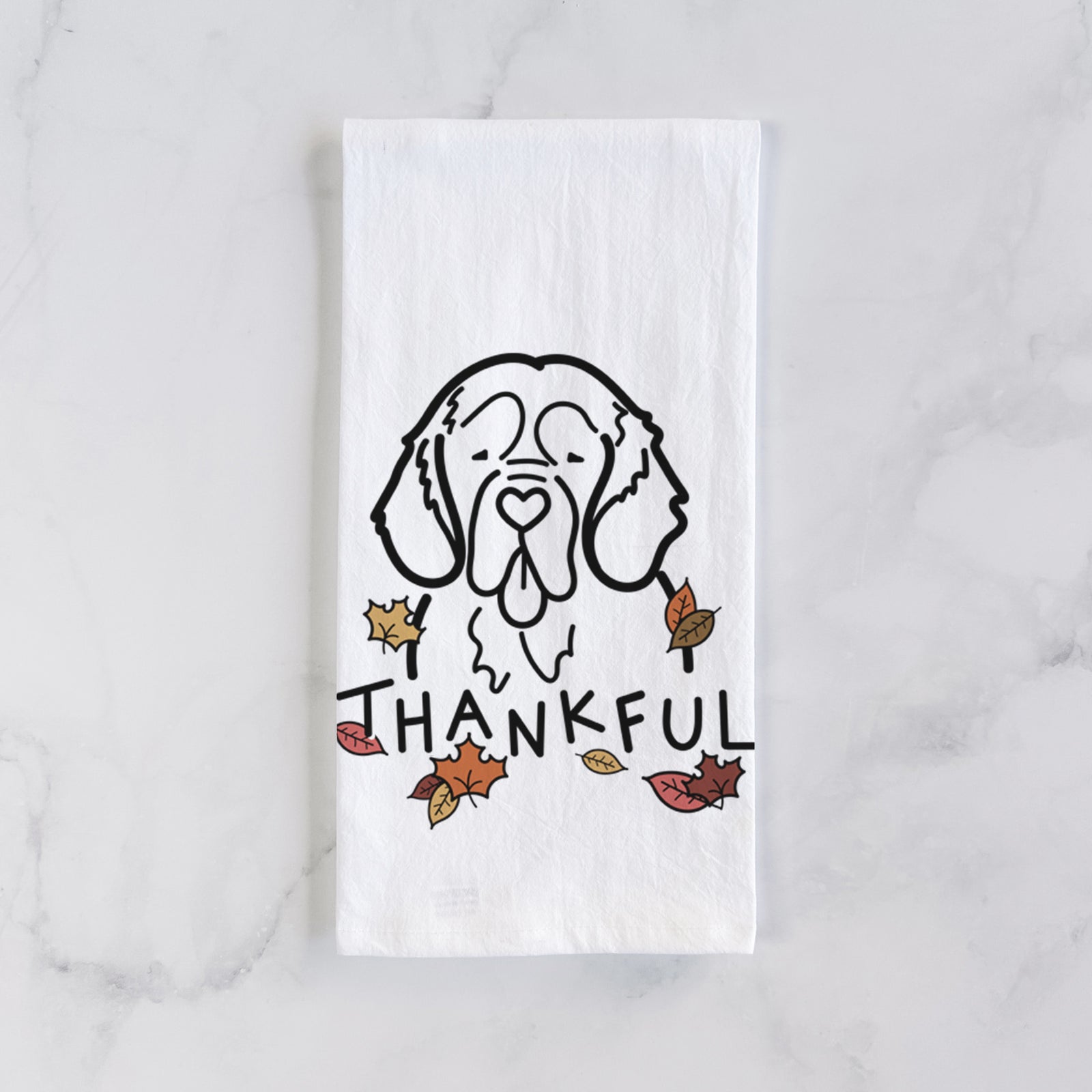 Minimalist line drawing of a Clumber Spaniel with 'Thankful' lettering on a tea towel