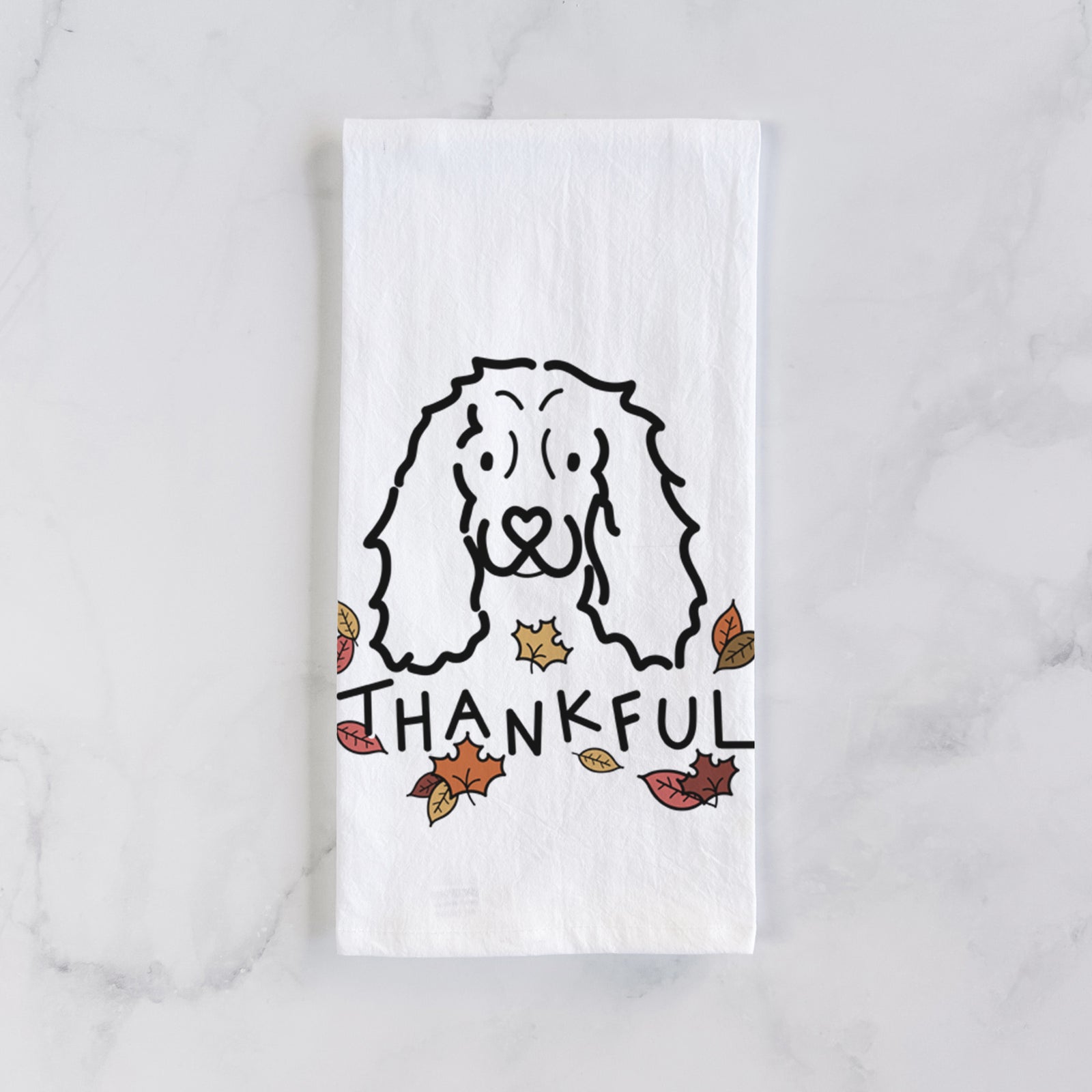 Minimalist line drawing of an American Cocker Spaniel with 'Thankful' lettering on a tea towel