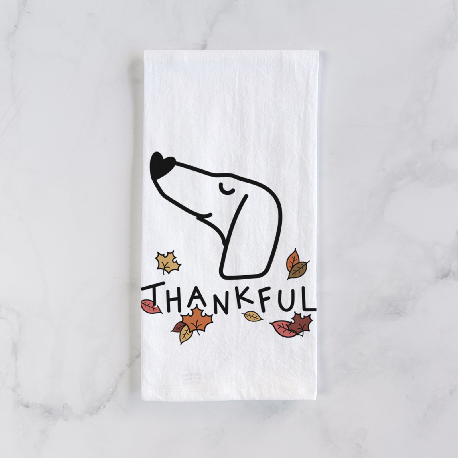 Minimalist line drawing of a Dachshund with 'Thankful' lettering on a tea towel