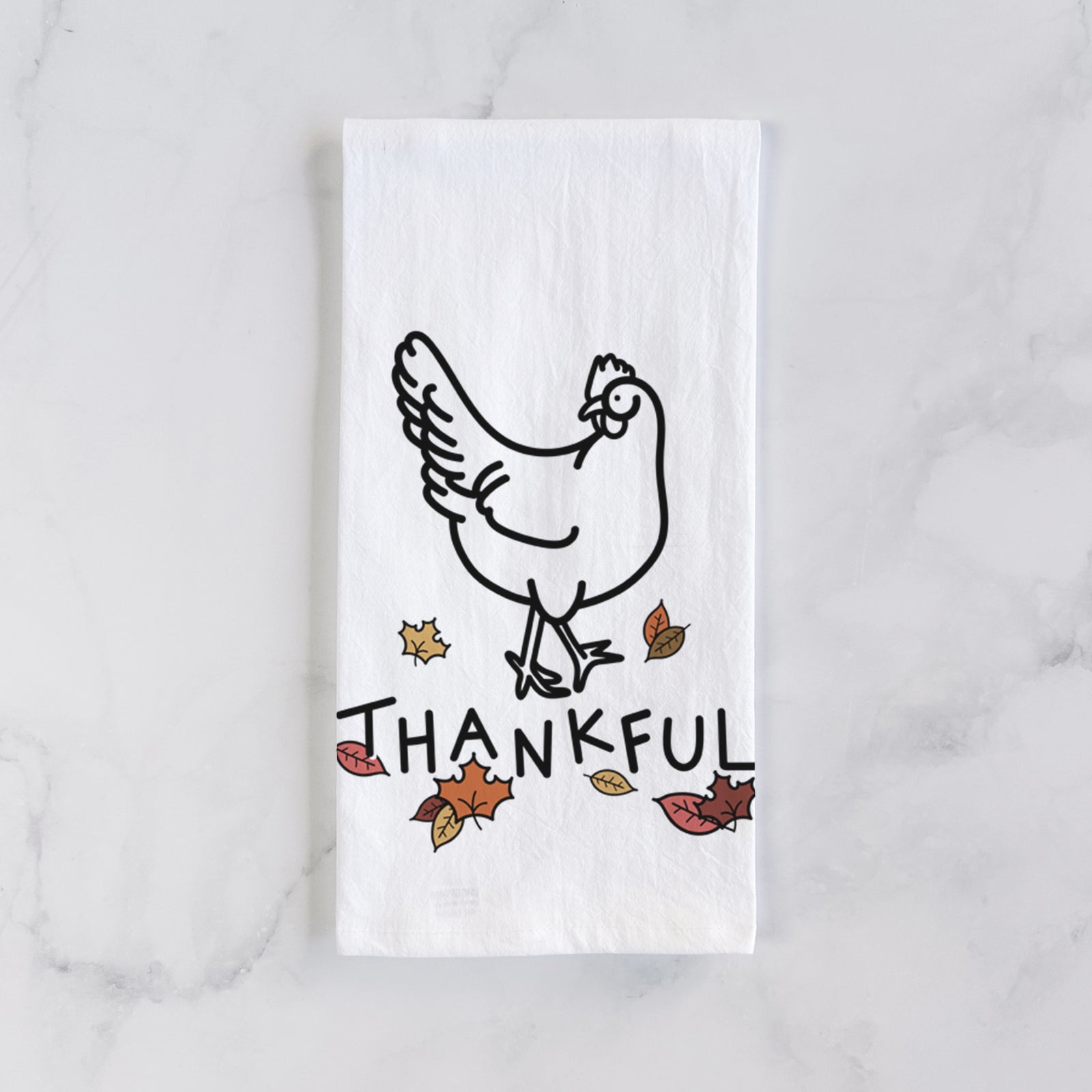 Minimalist line drawing of Daisy the Chicken with 'Thankful' lettering on a tea towel