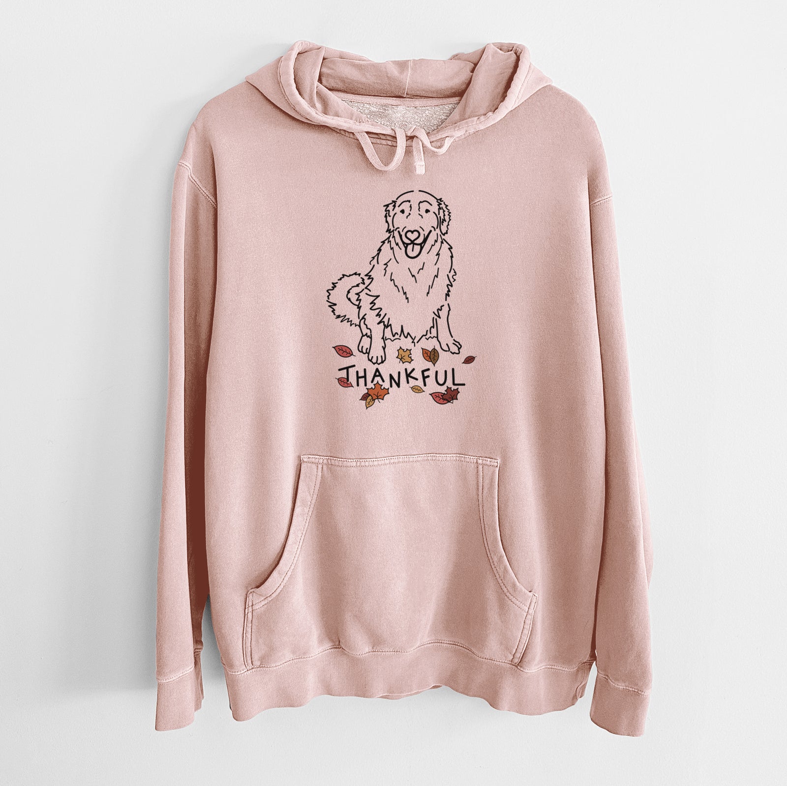 Minimalist line drawing of Daisy the Golden Retriever with 'Thankful' lettering on a Dusty Pink Unisex pigment dyed hoodie