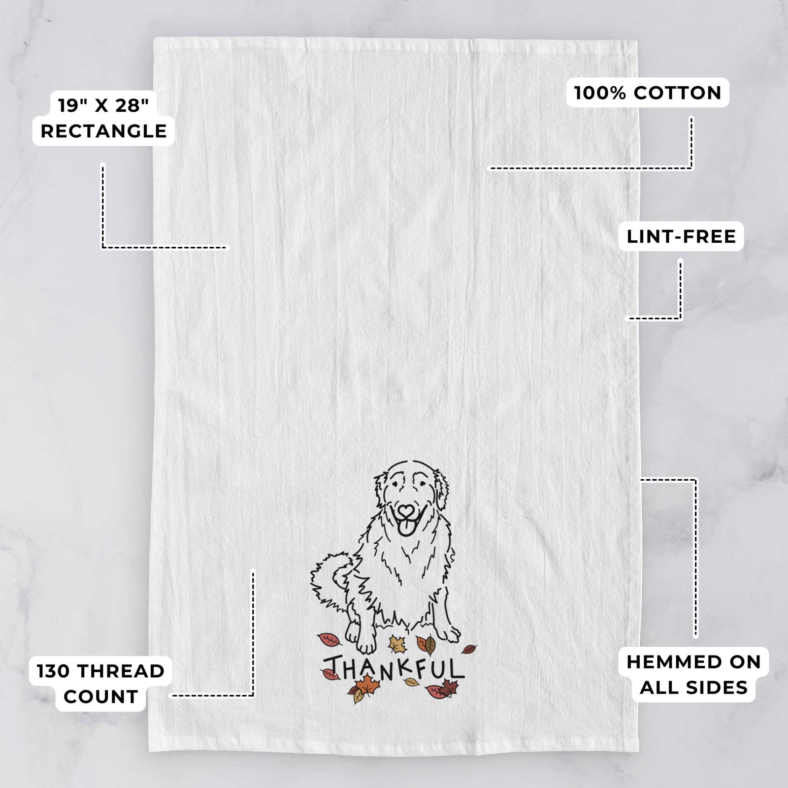 Minimalist line drawing of Daisy the Golden Retriever with 'Thankful' lettering on a tea towel, with feature callouts: 19 x 28 inch rectangle, 100% cotton, lint-free, 120 thread count, hemmed on all sides