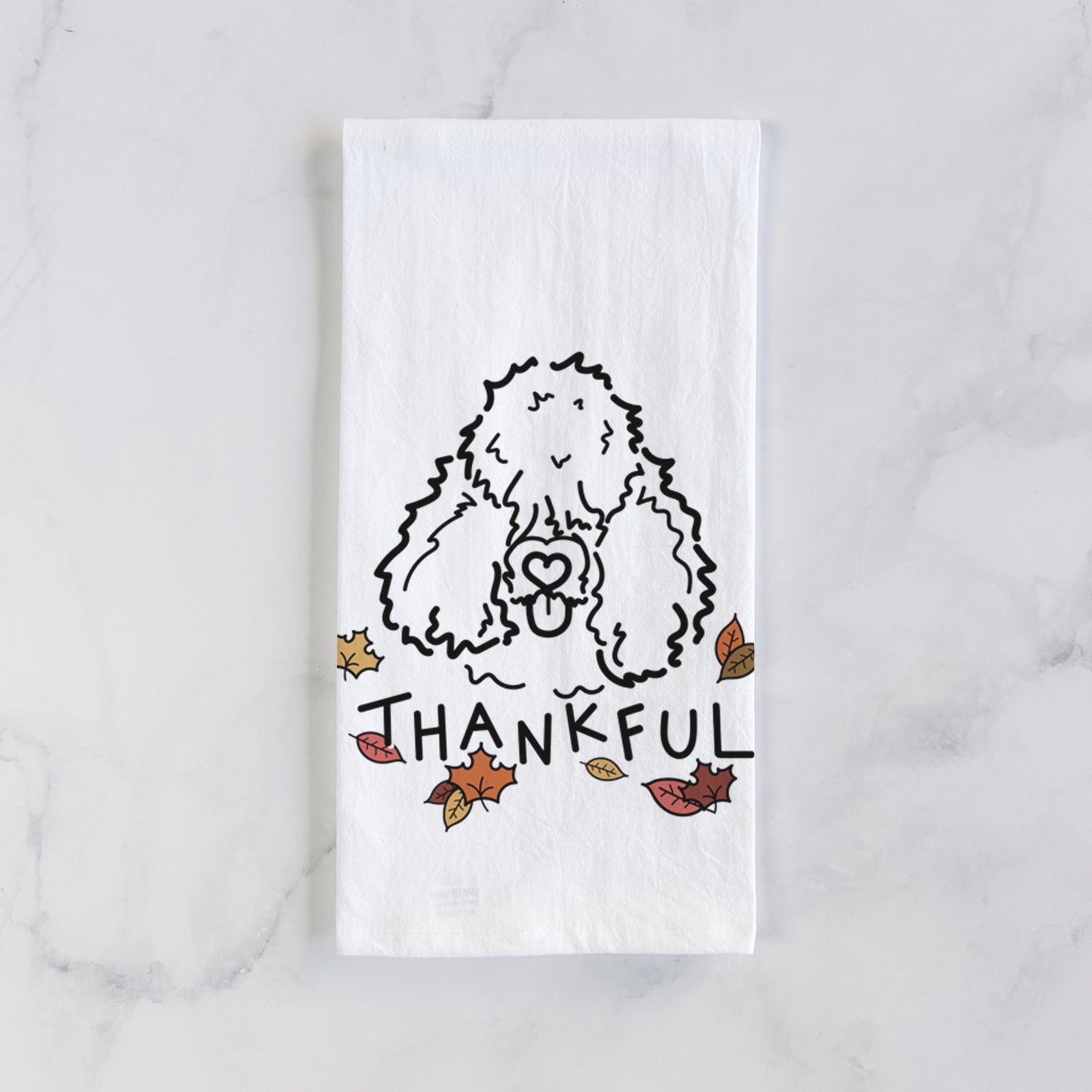 Minimalist line drawing of Deeogey the Bouvier des Flandres with 'Thankful' lettering on a tea towel