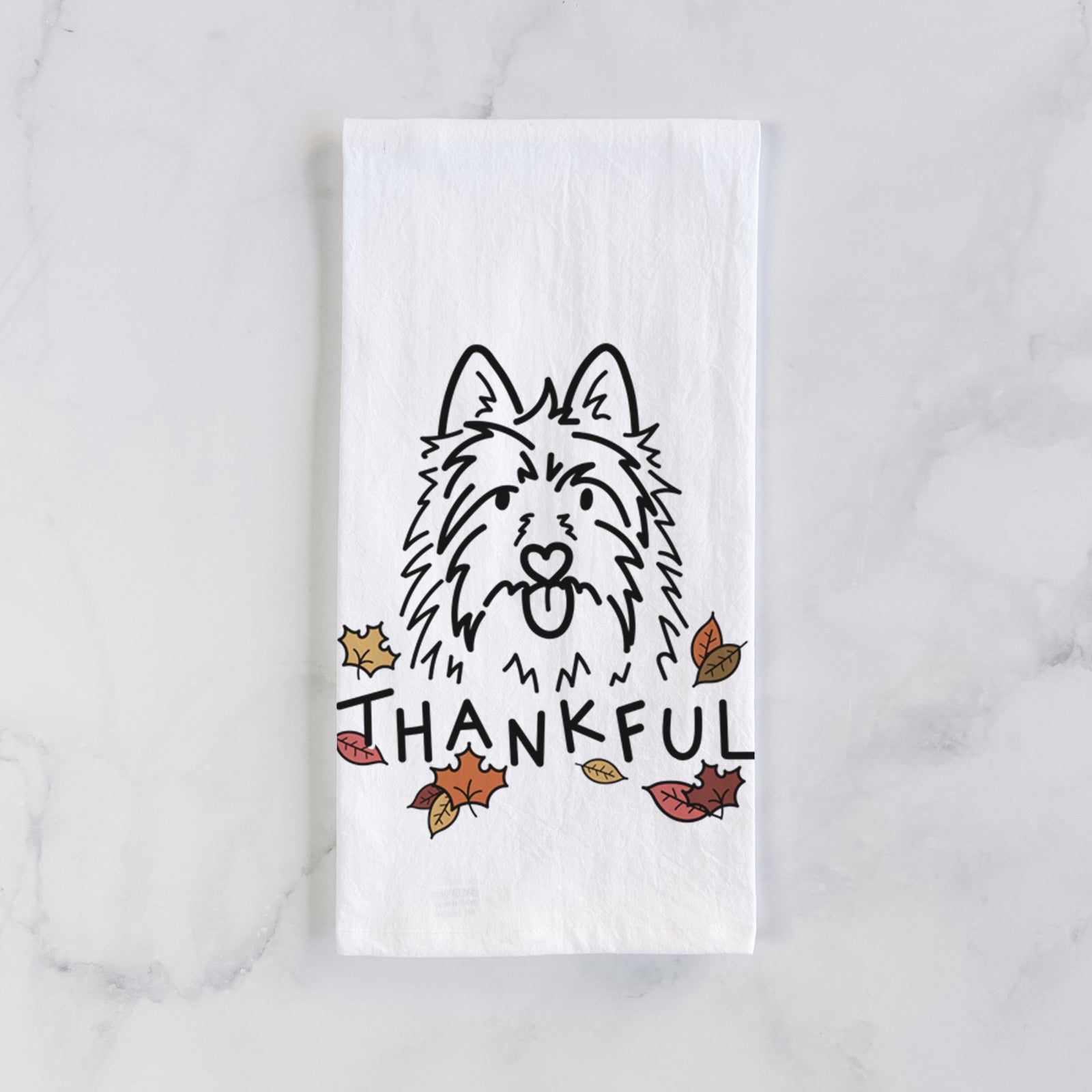 Minimalist line drawing of Digger the Australian Terrier with 'Thankful' lettering on a tea towel