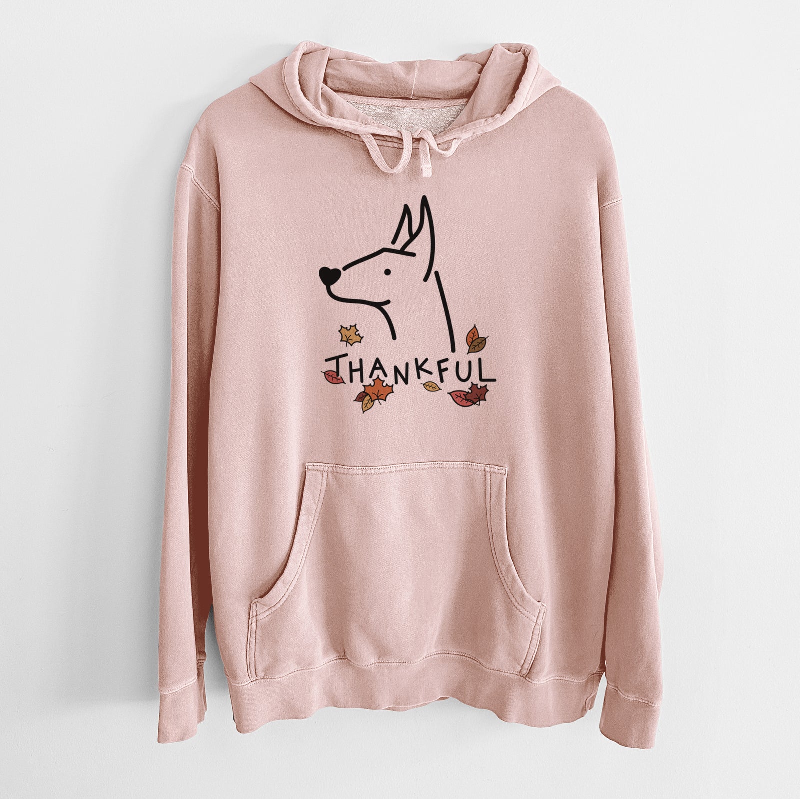 Minimalist line drawing of a Doberman Pinscher with 'Thankful' lettering on a Dusty Pink Unisex pigment dyed hoodie