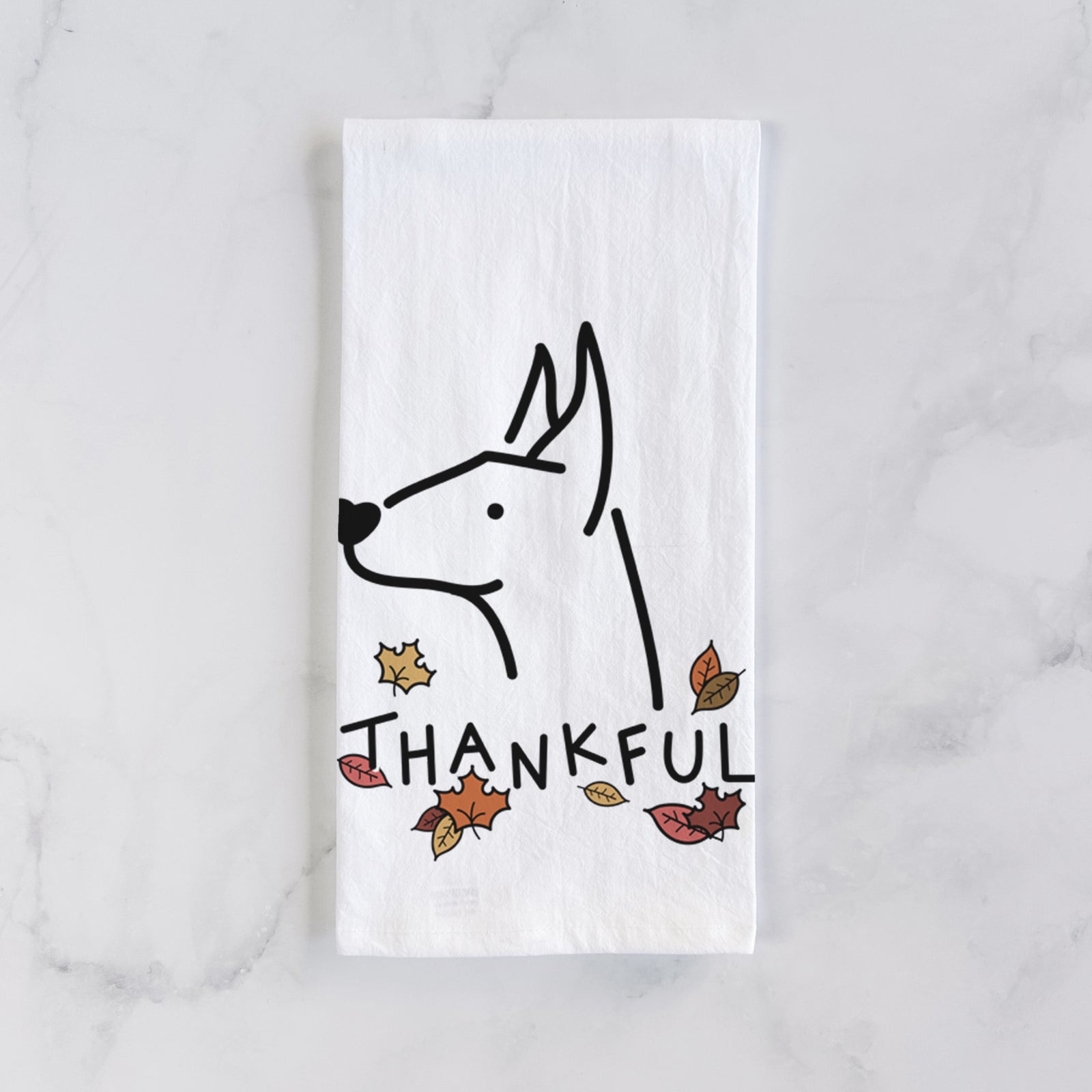 Minimalist line drawing of a Doberman Pinscher with 'Thankful' lettering on a tea towel