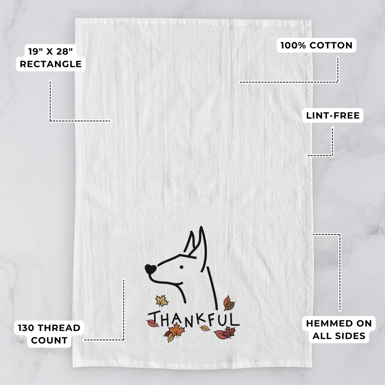 Minimalist line drawing of a Doberman Pinscher with 'Thankful' lettering on a tea towel, with feature callouts: 19 x 28 inch rectangle, 100% cotton, lint-free, 120 thread count, hemmed on all sides