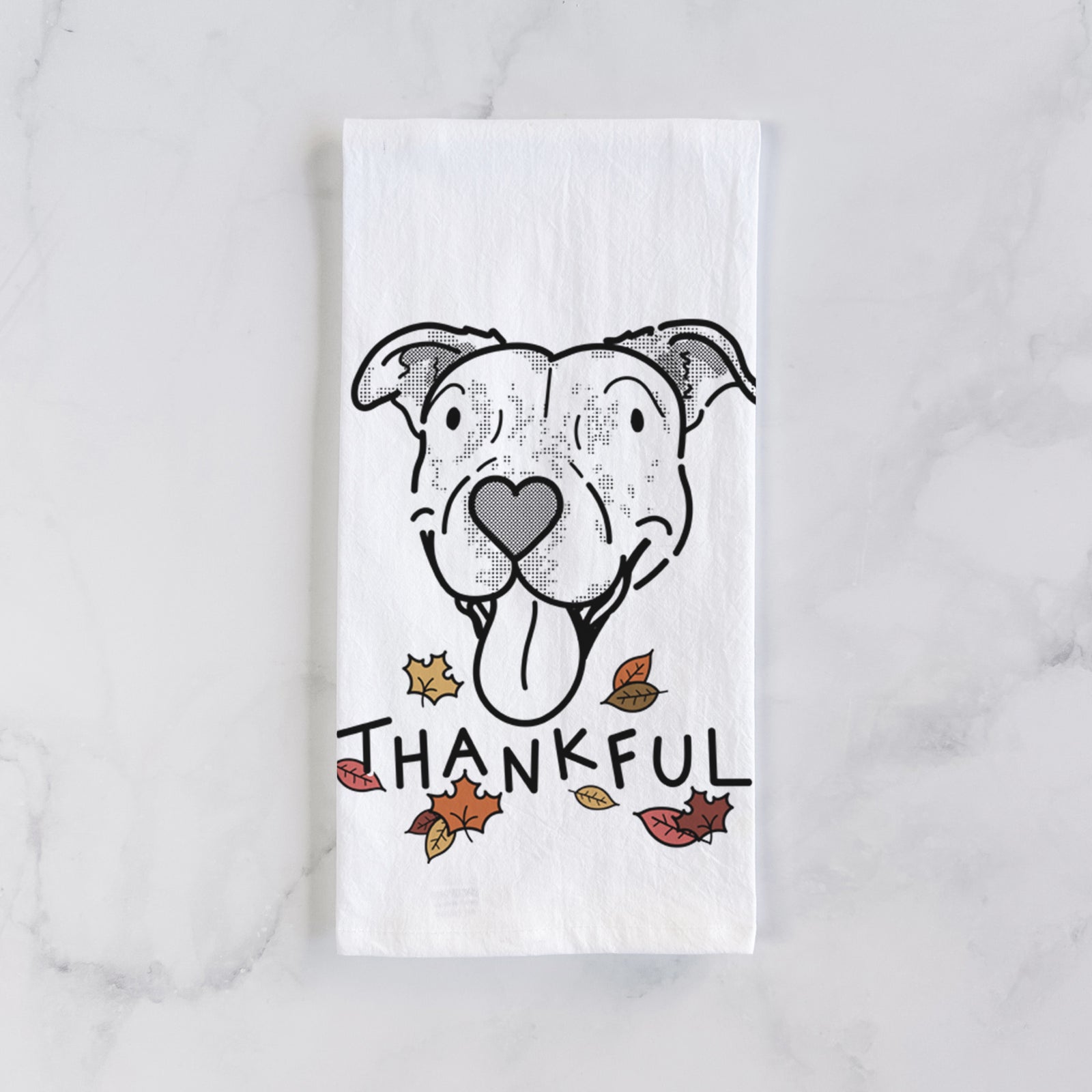 Minimalist line drawing of Dottie the Pitbull Mix with 'Thankful' lettering on a tea towel