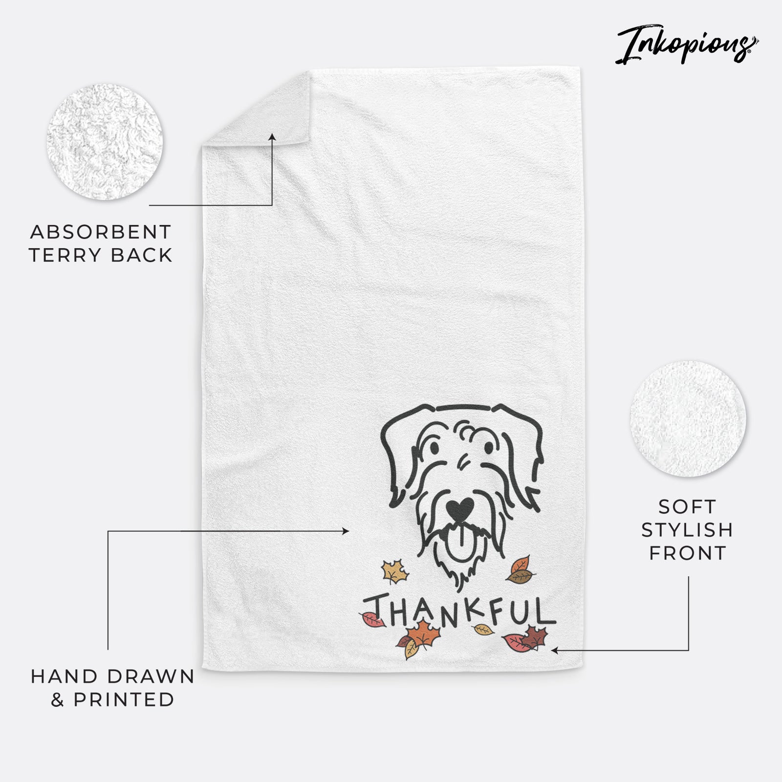 Minimalist line drawing of Dug the Doodle with 'Thankful' lettering on a decorative hand towel