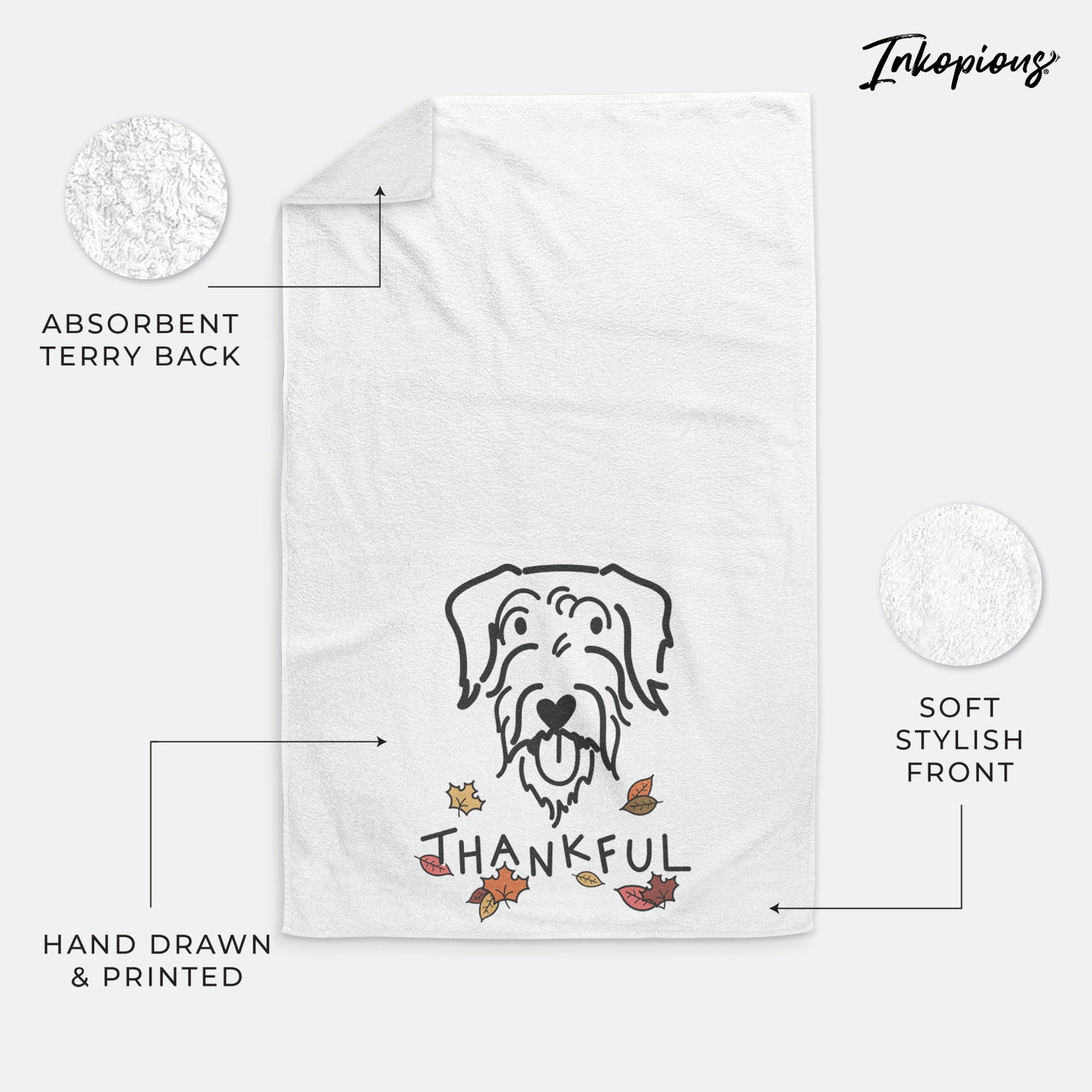 Minimalist line drawing of Dug the Doodle with 'Thankful' lettering on a decorative hand towel