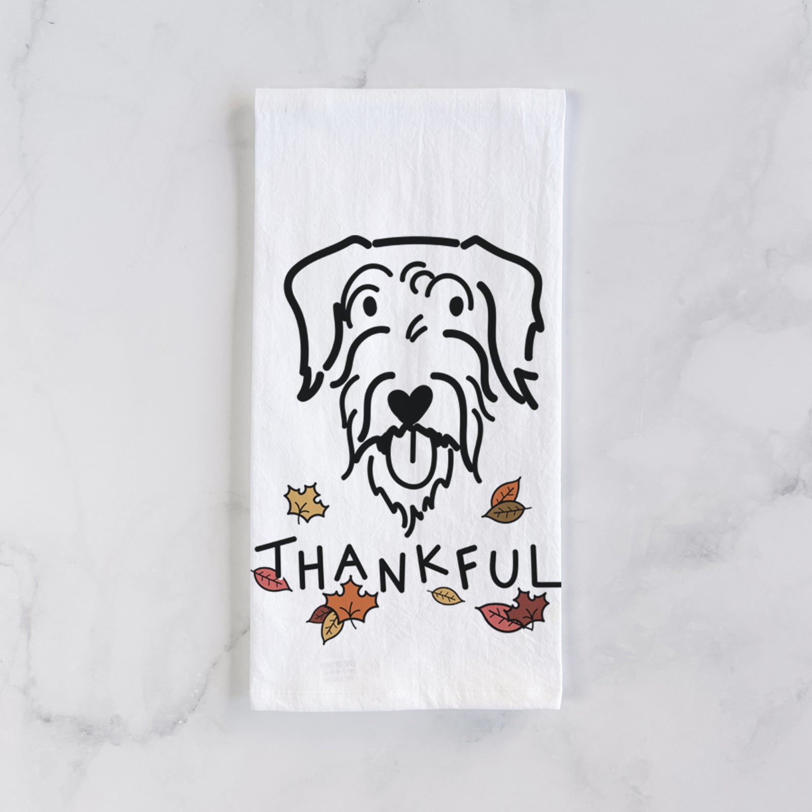 Minimalist line drawing of Dug the Doodle with 'Thankful' lettering on a tea towel